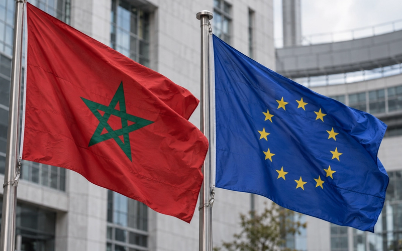 The flags of Morocco and the European Union flying side by side