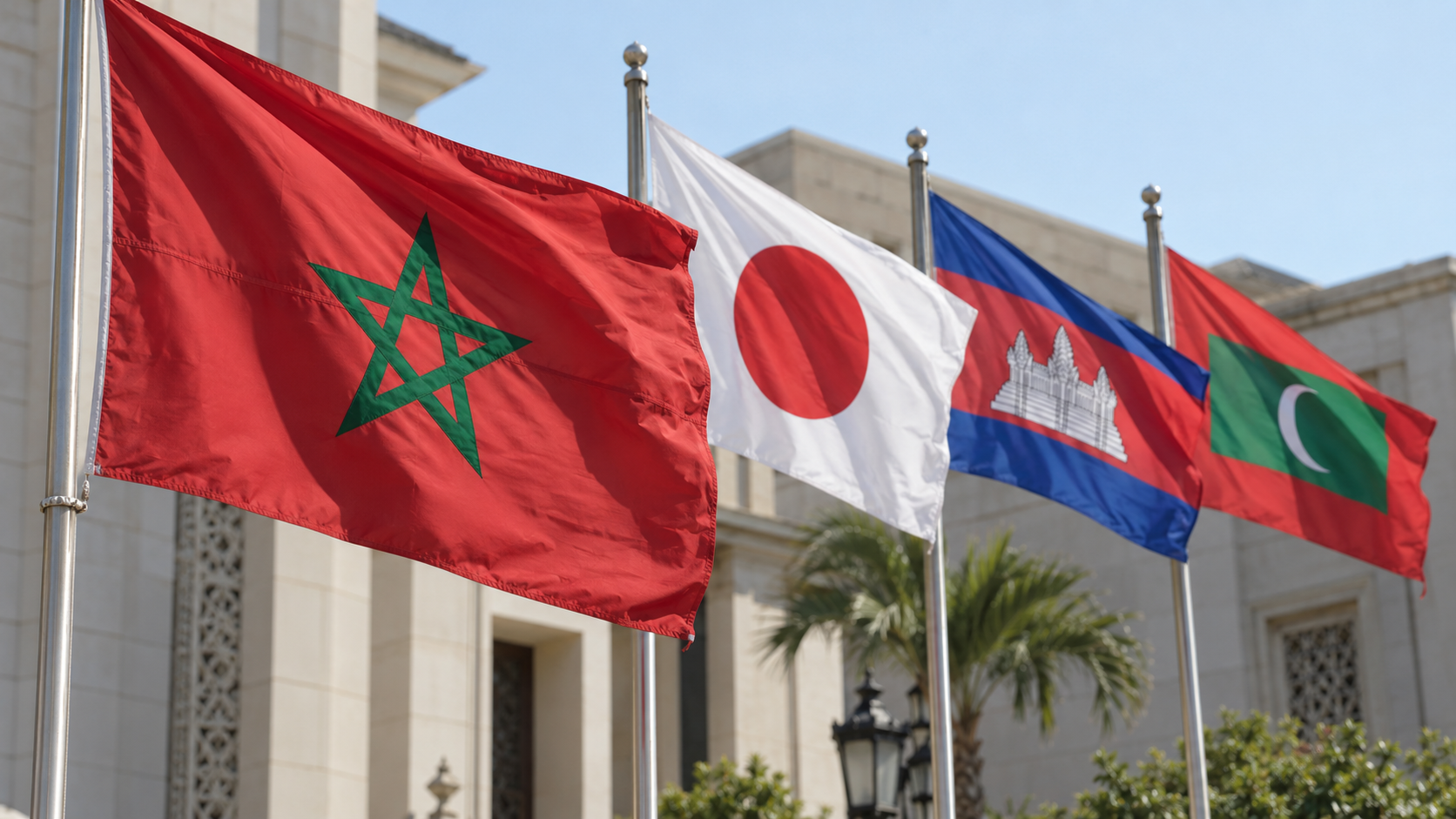The flag of Morocco flying beside the flags of Japan, Cambodia and the Maldives