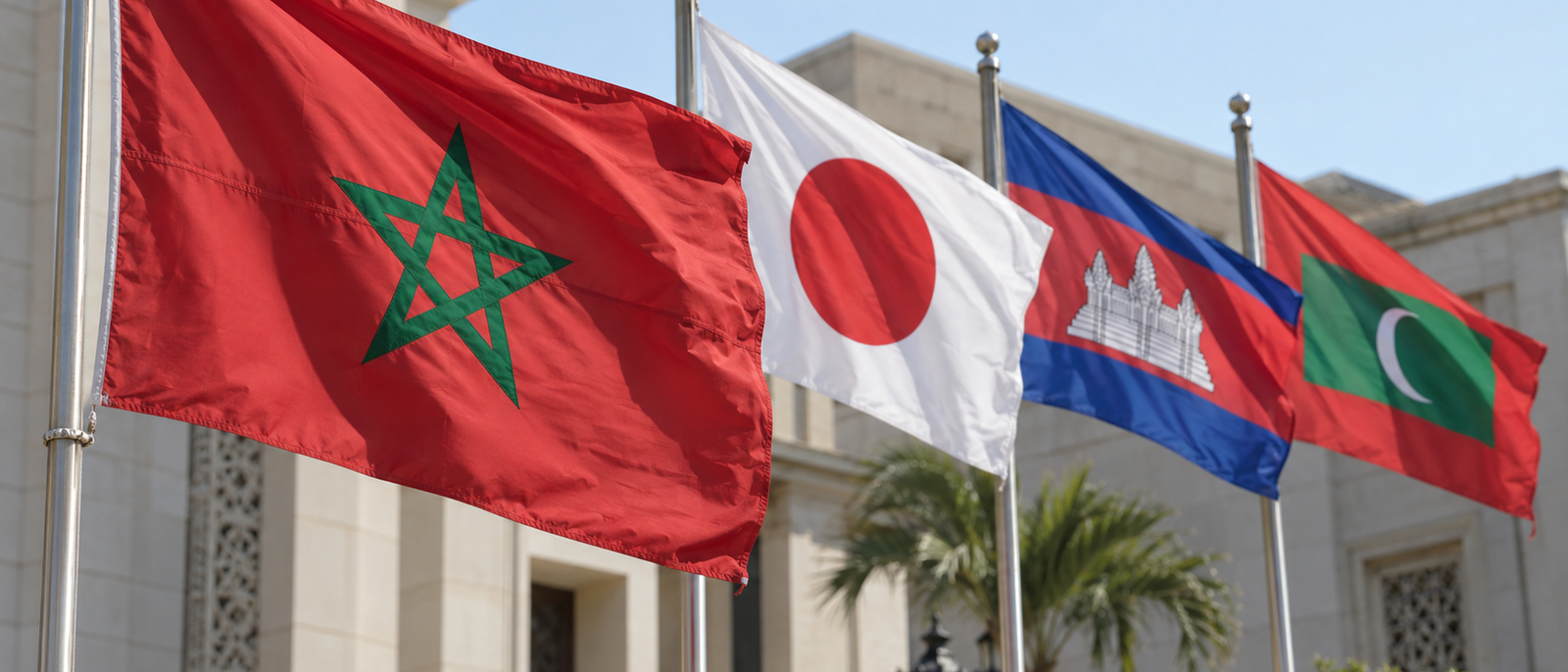 The flag of Morocco flying beside the flags of Japan, Cambodia and the Maldives