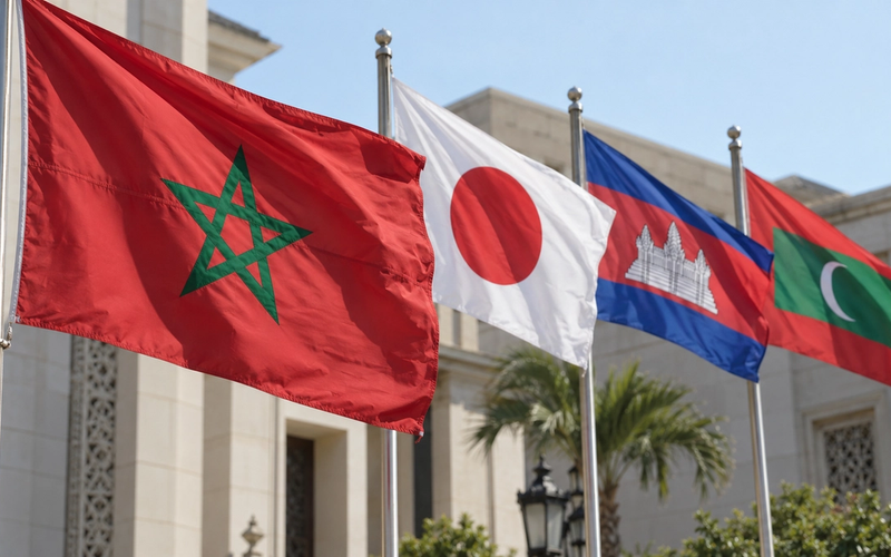 The flag of Morocco flying beside the flags of Japan, Cambodia and the Maldives