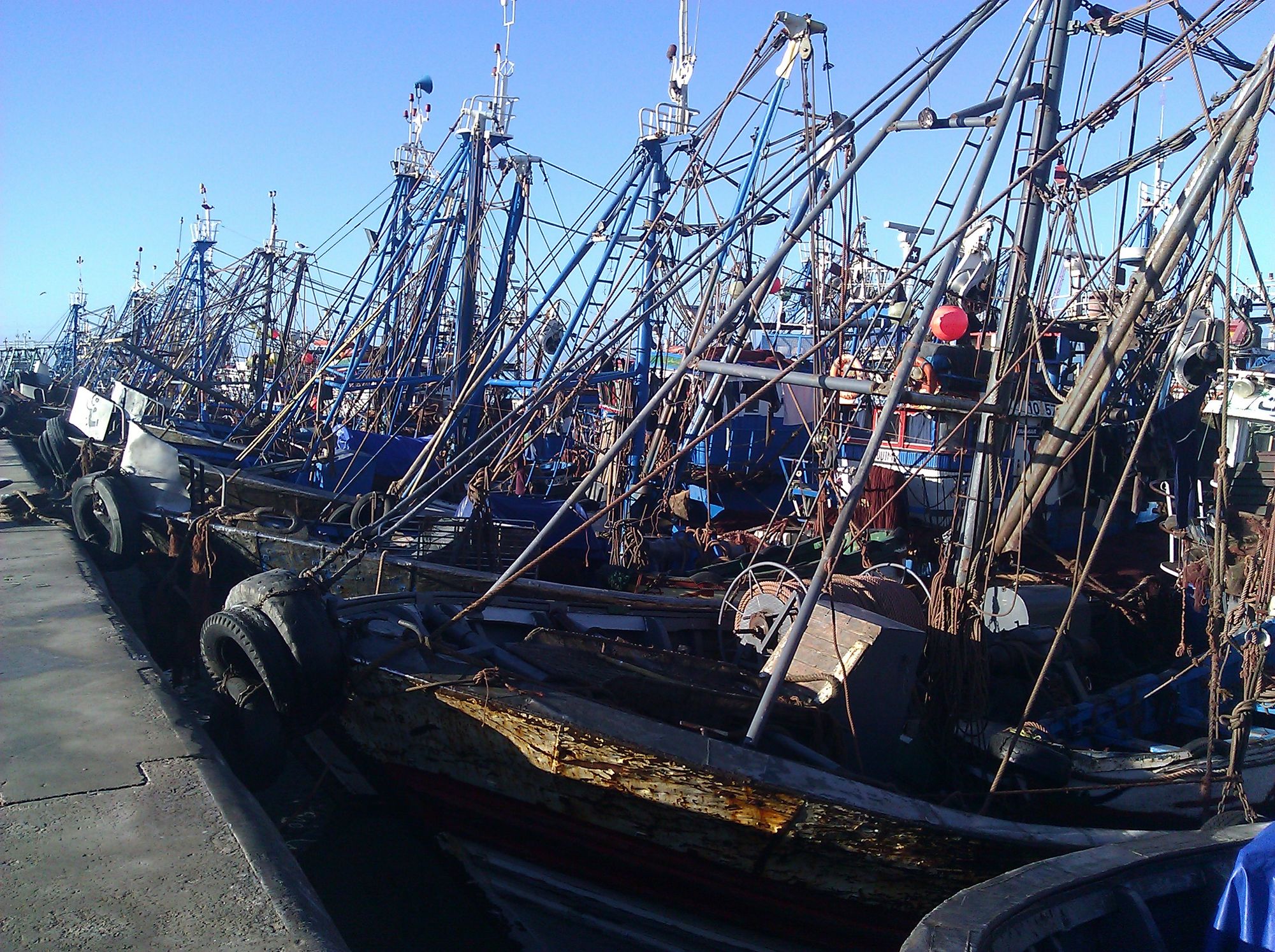 Fishing trawlers moored side by side at the port of Laâyoune