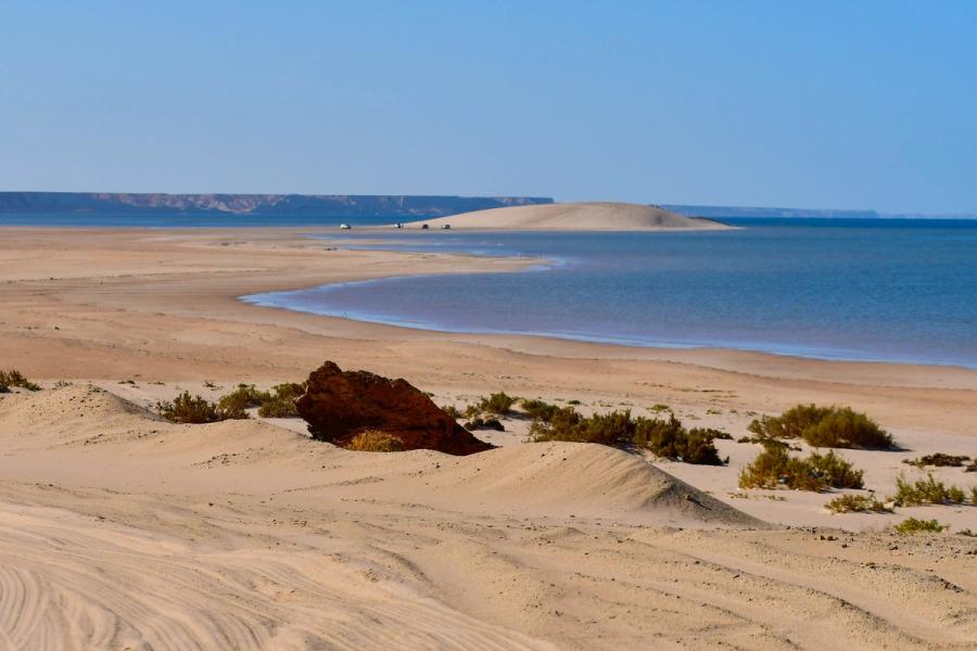 The White Dune rising beside the turquoise Dakhla lagoon