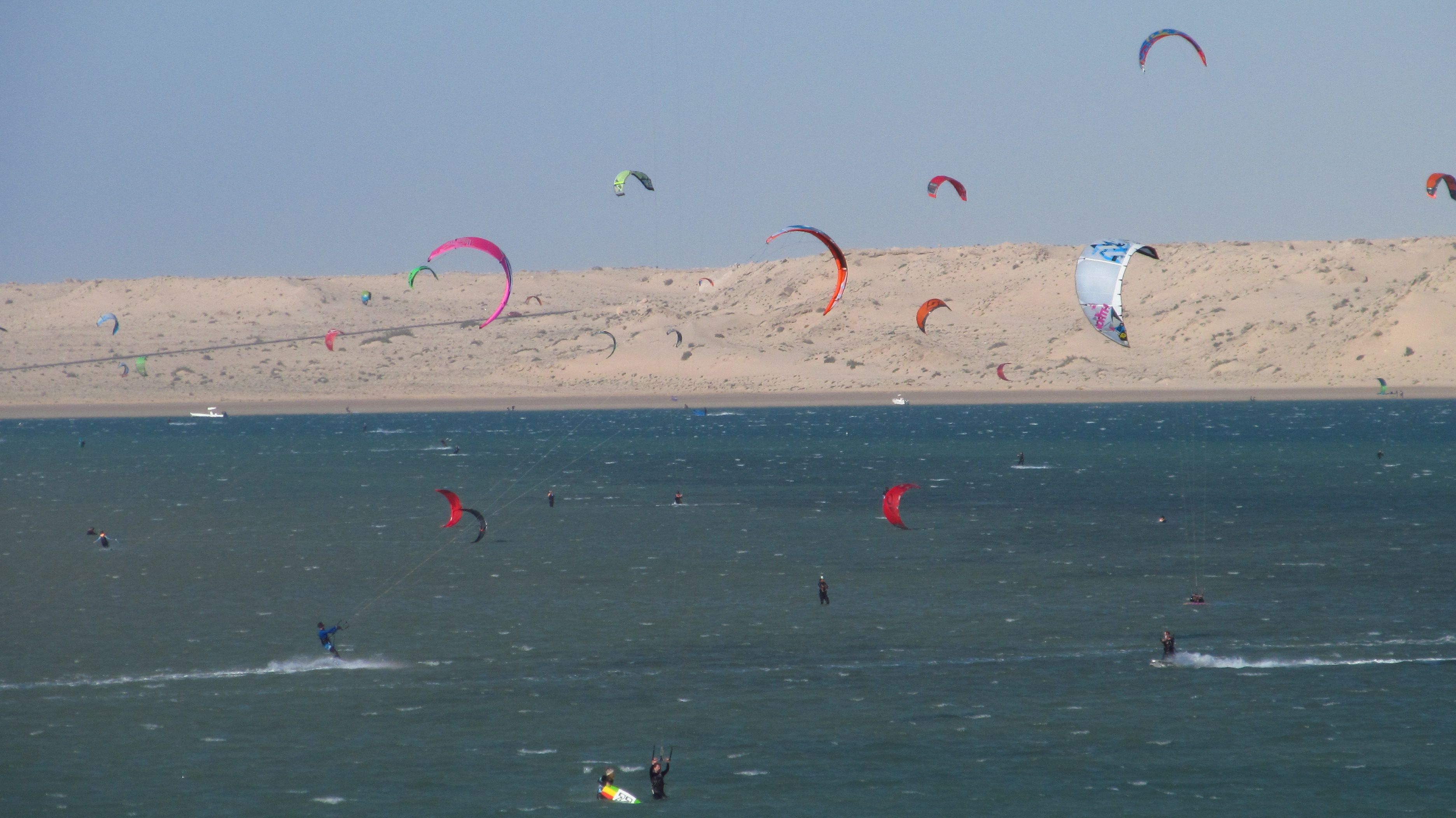 Dozens of kites over the Dakhla lagoon, with pale dunes on the far shore