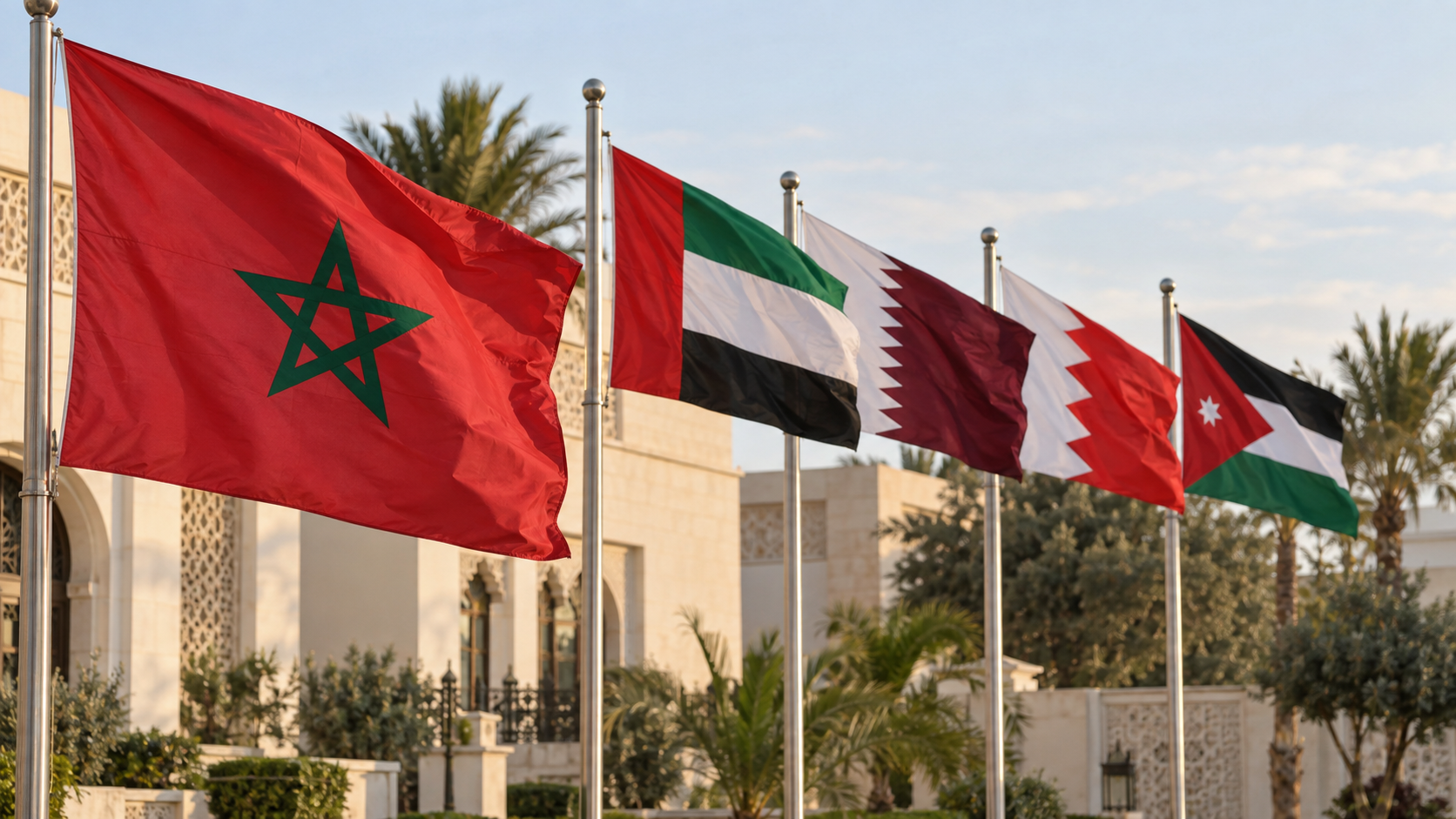 The flag of Morocco flying beside the flags of the United Arab Emirates, Qatar, Bahrain and Jordan