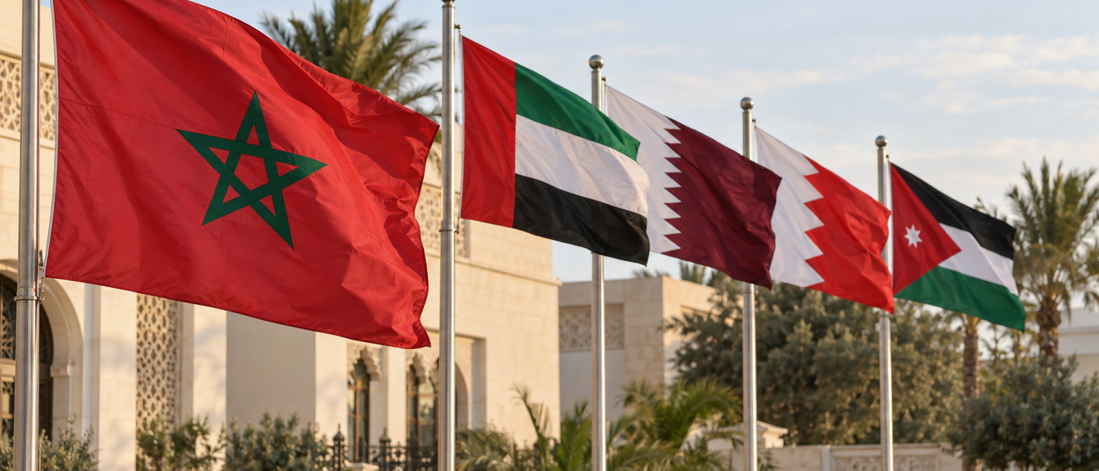 The flag of Morocco flying beside the flags of the United Arab Emirates, Qatar, Bahrain and Jordan