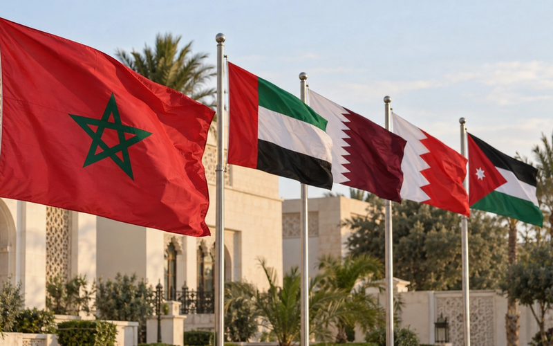 The flag of Morocco flying beside the flags of the United Arab Emirates, Qatar, Bahrain and Jordan