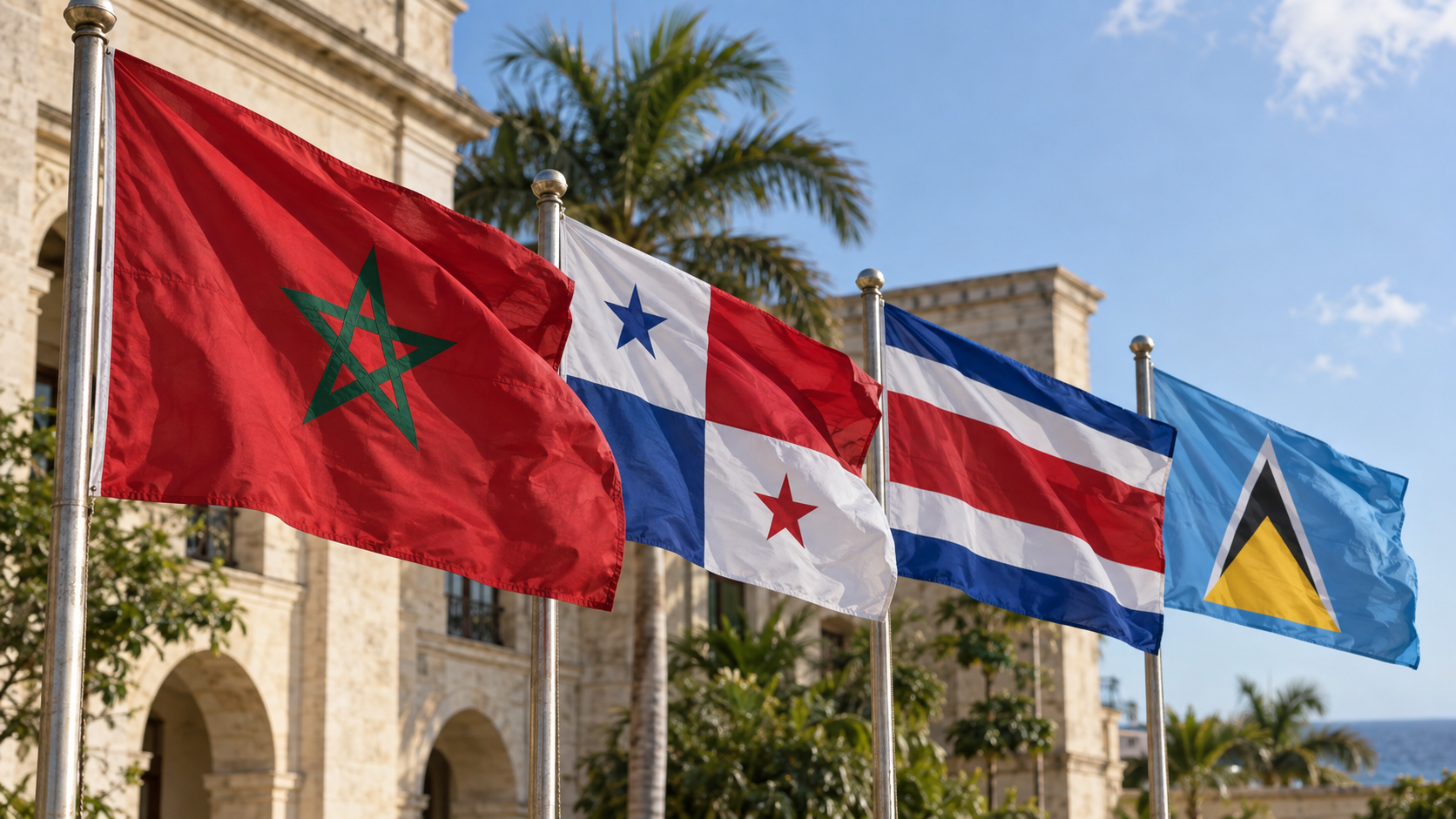 The flag of Morocco flying beside the flags of Panama, Costa Rica and Saint Lucia