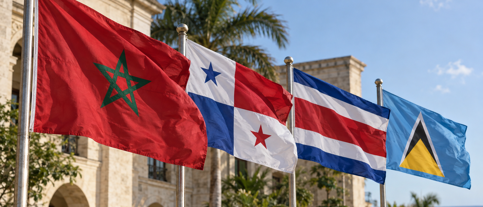 The flag of Morocco flying beside the flags of Panama, Costa Rica and Saint Lucia