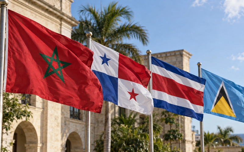 The flag of Morocco flying beside the flags of Panama, Costa Rica and Saint Lucia