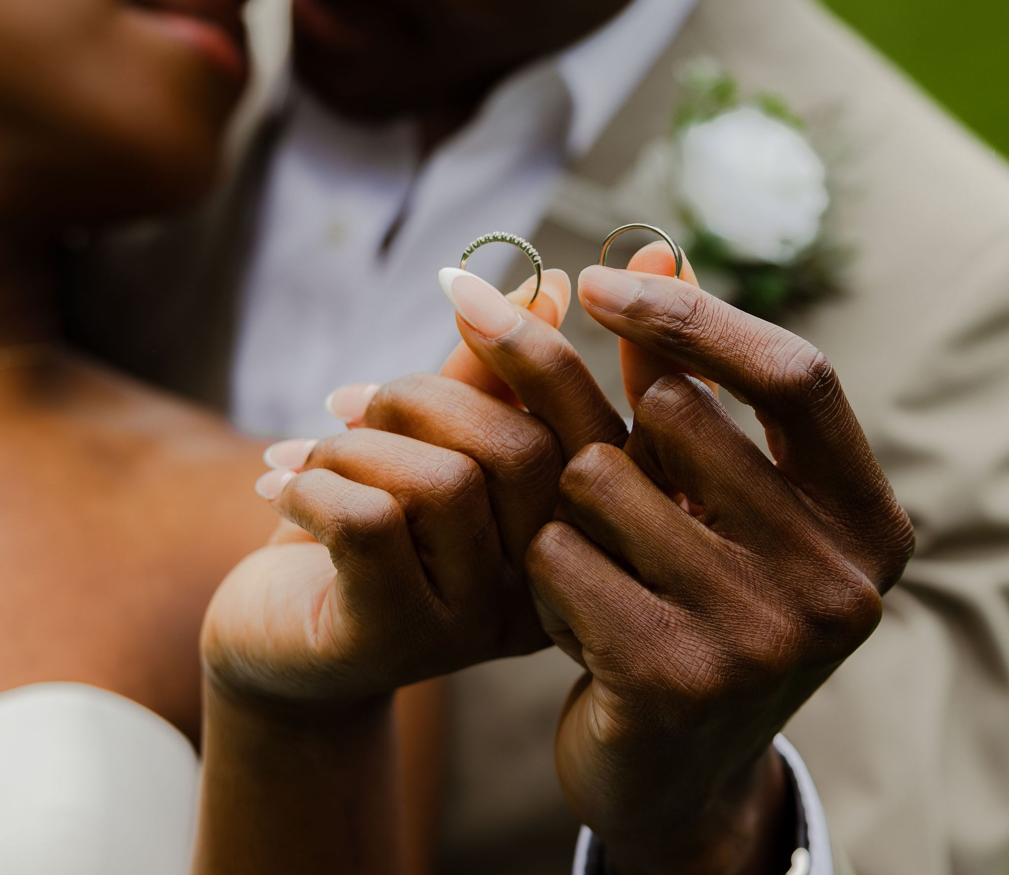 Bride and groom embracing