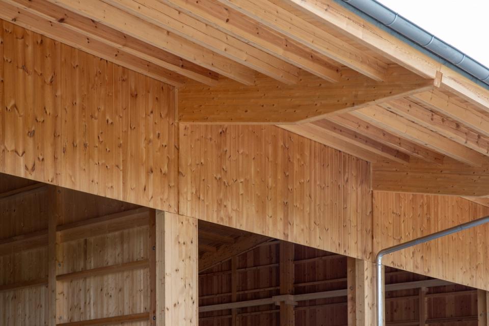 Käferholzhalle — massive Holzdachkonstruktion, Balkenwerk, Lagerhalle innen