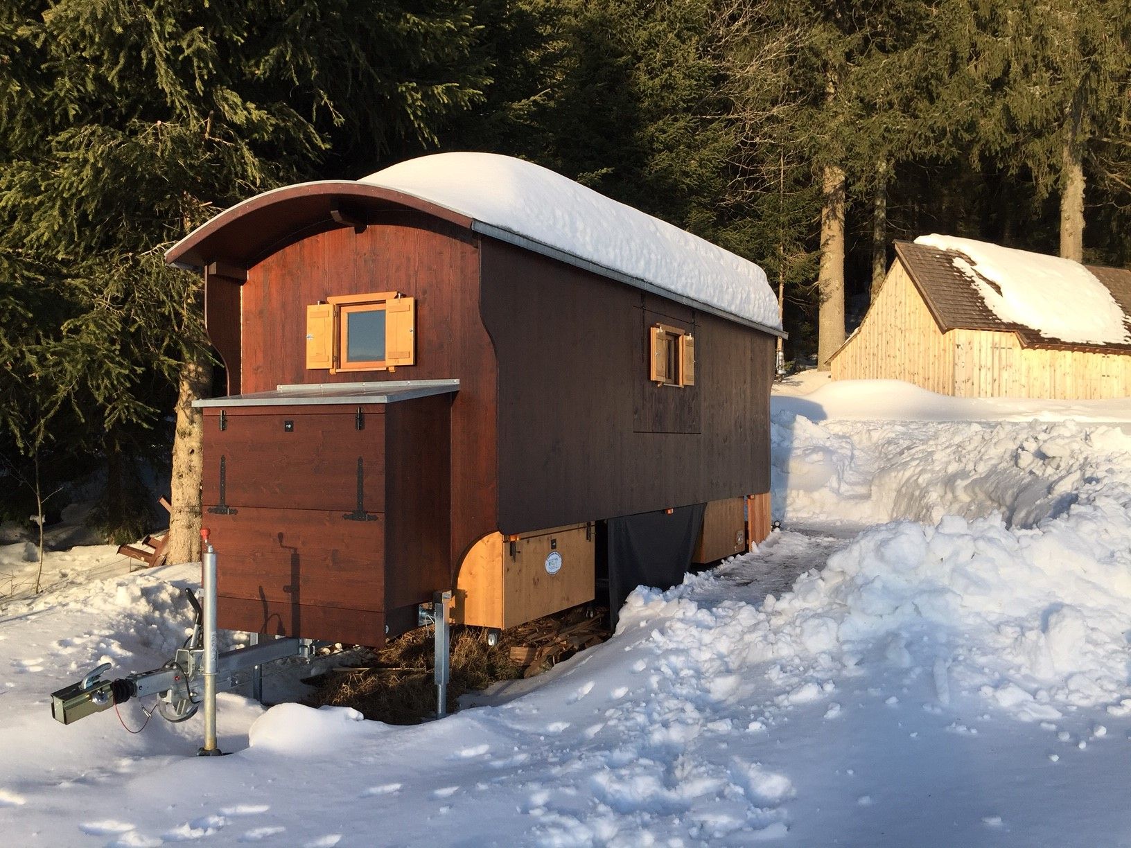 Dunkelbrauner Jagdwagen mit Tonnendach im Schnee am Waldrand