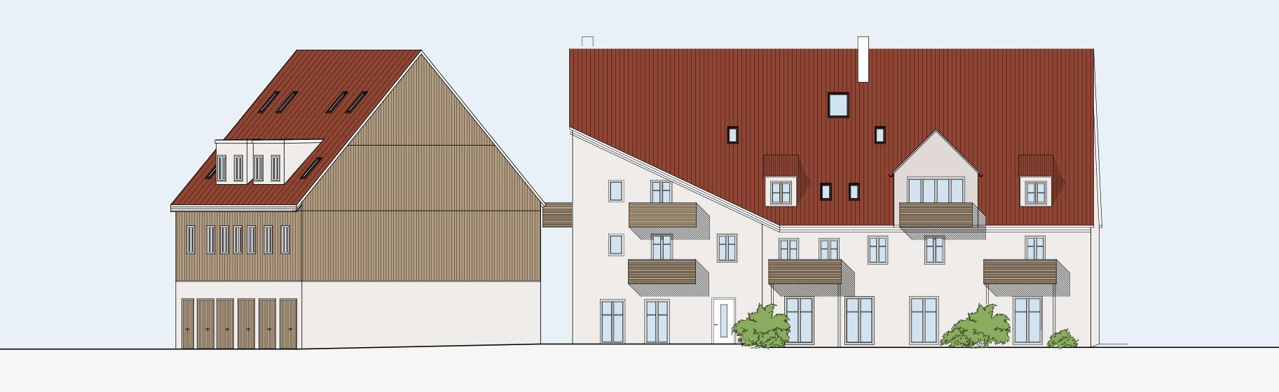 Ansichtszeichnung Dürrwanger Areal Oettingen: Bestandsgebäude mit Gauben und Neubau mit Holzfassade