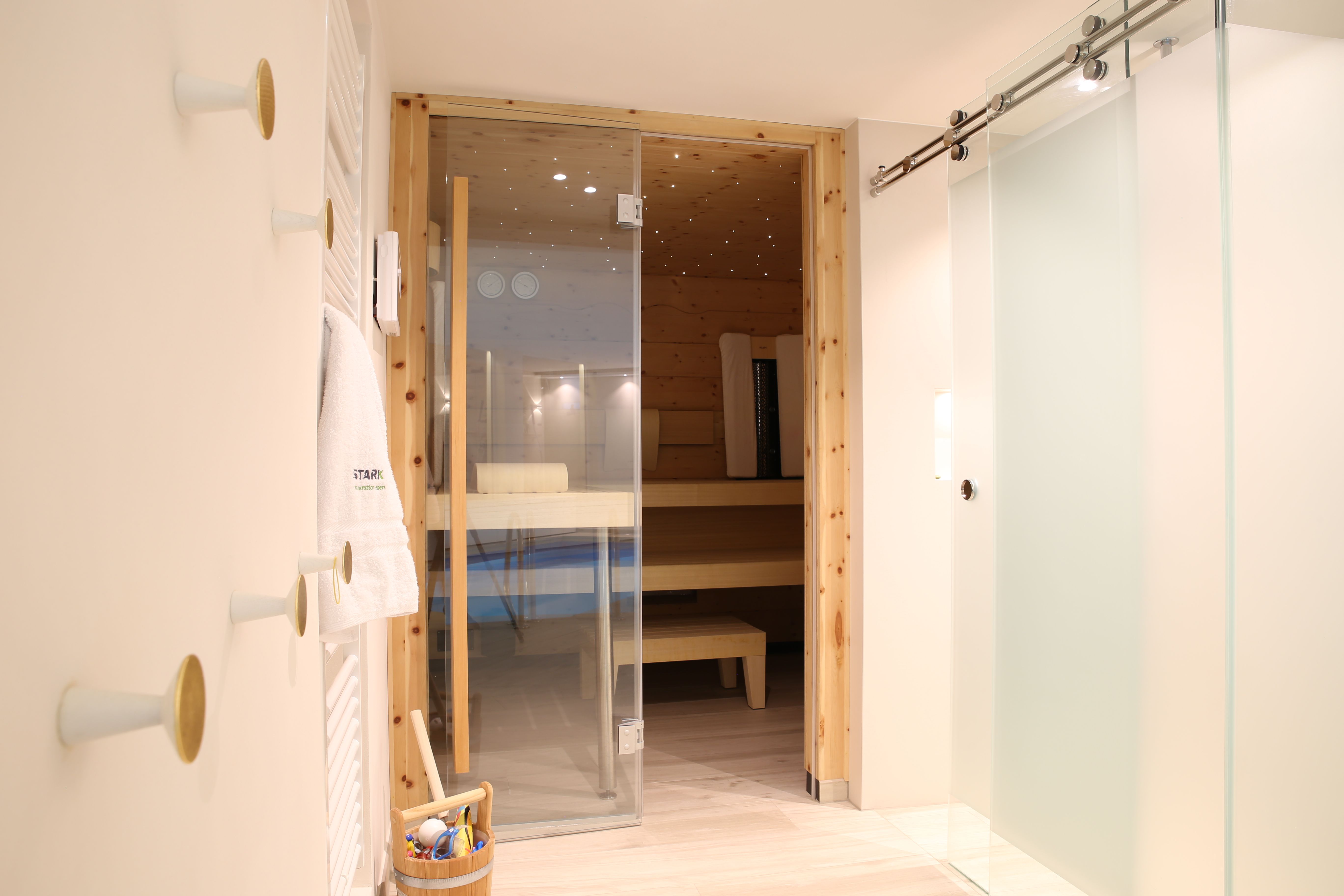 Sauna Grünwald — Blick durch die Glastür in die Einbausauna, Dusche rechts