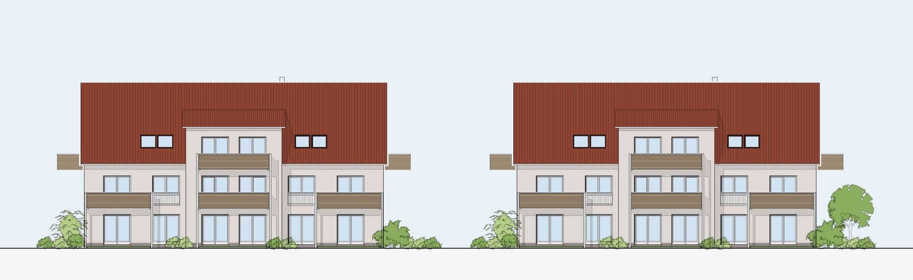 Ansichtszeichnung GrünQuartier Gunzenhausen: zwei Mehrfamilienhäuser mit Balkonen und Zwerchgiebel