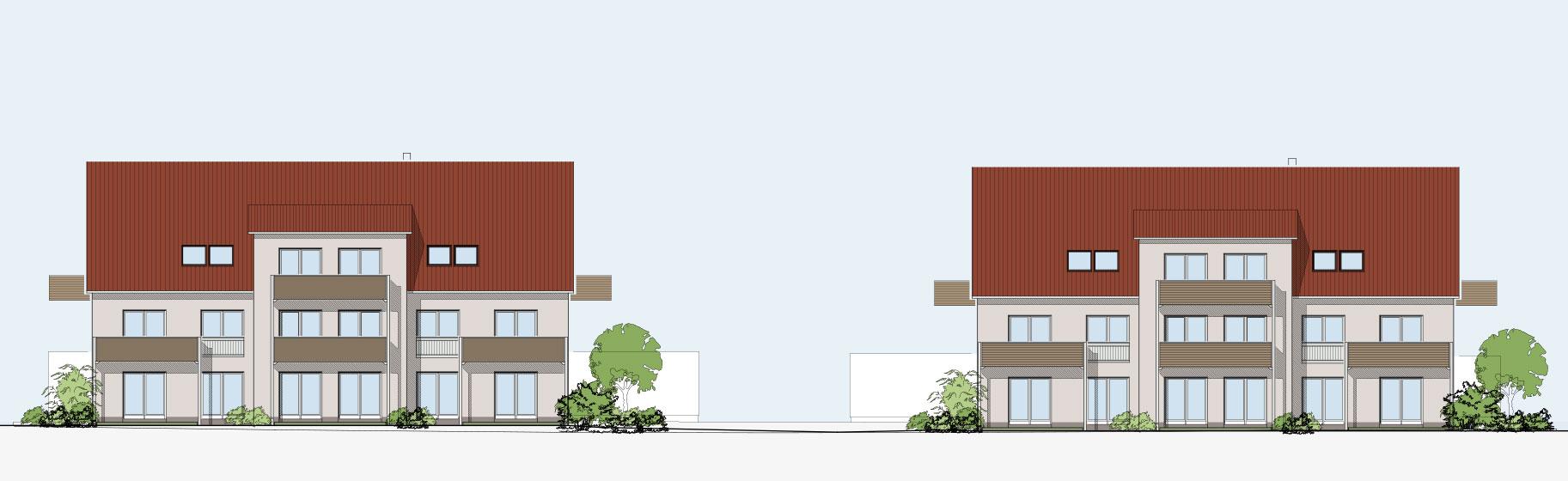 Ansichtszeichnung GrünQuartier Wassertrüdingen: zwei Mehrfamilienhäuser mit Balkonen