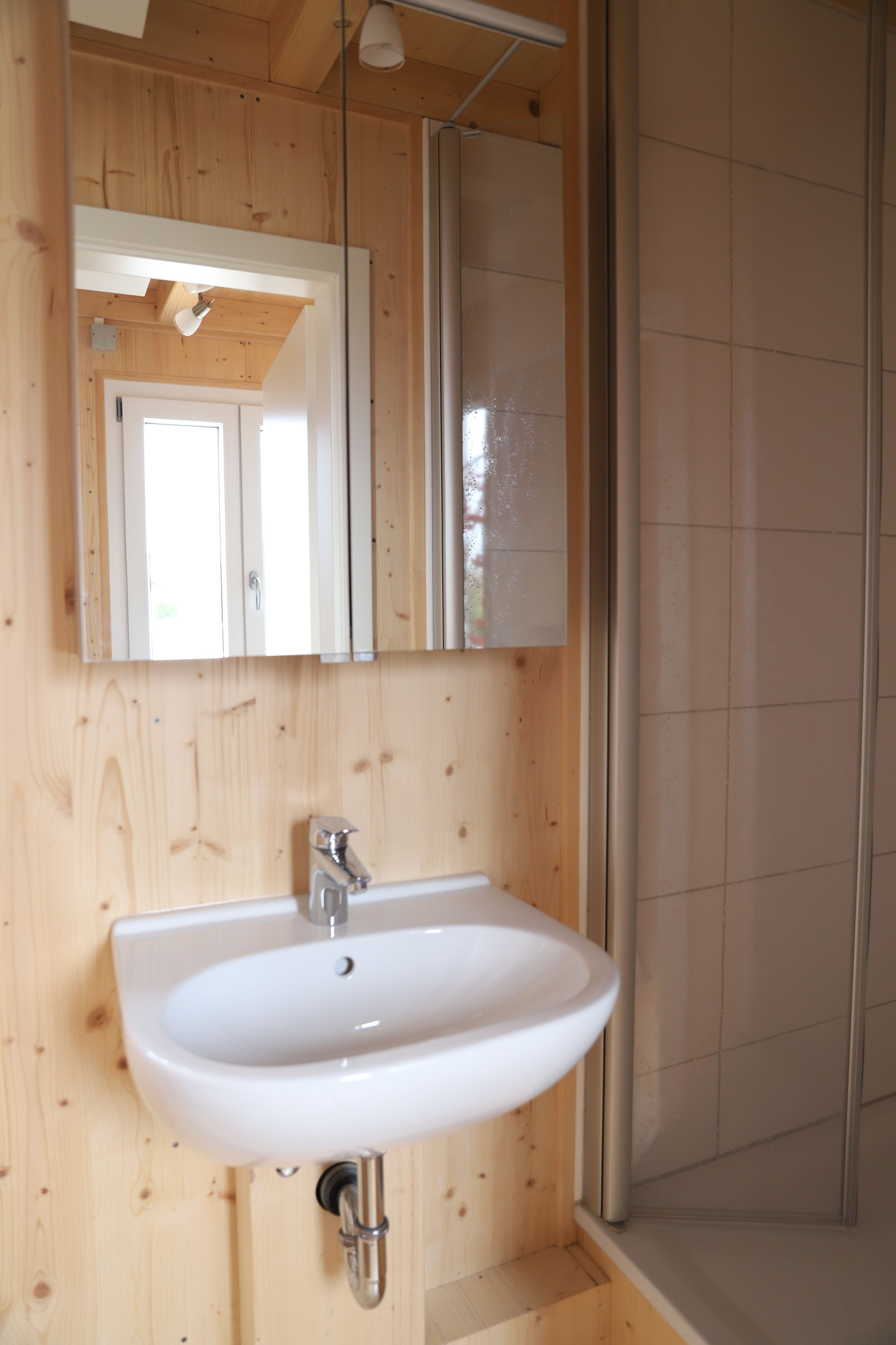 Kleines Bad mit Waschbecken, Spiegel und Fichtenholzwänden im TinyHouse
