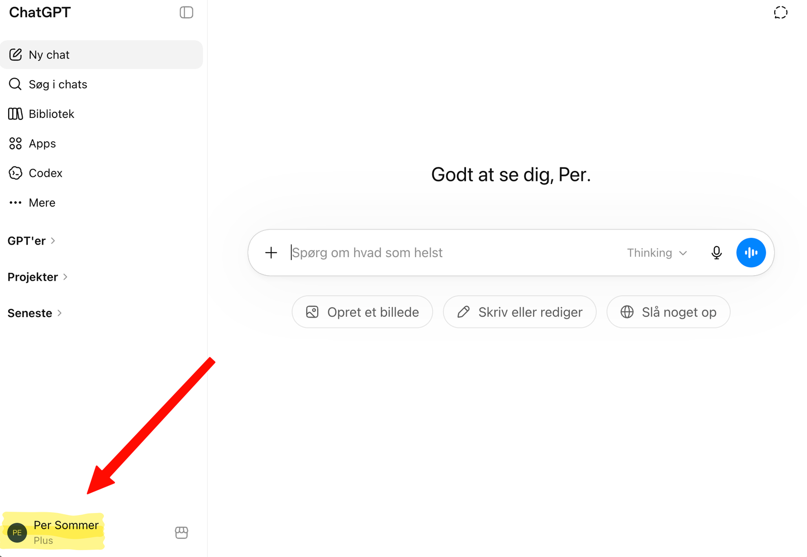 Pegepil mod brugernavnet i nederste venstre hjørne af ChatGPT