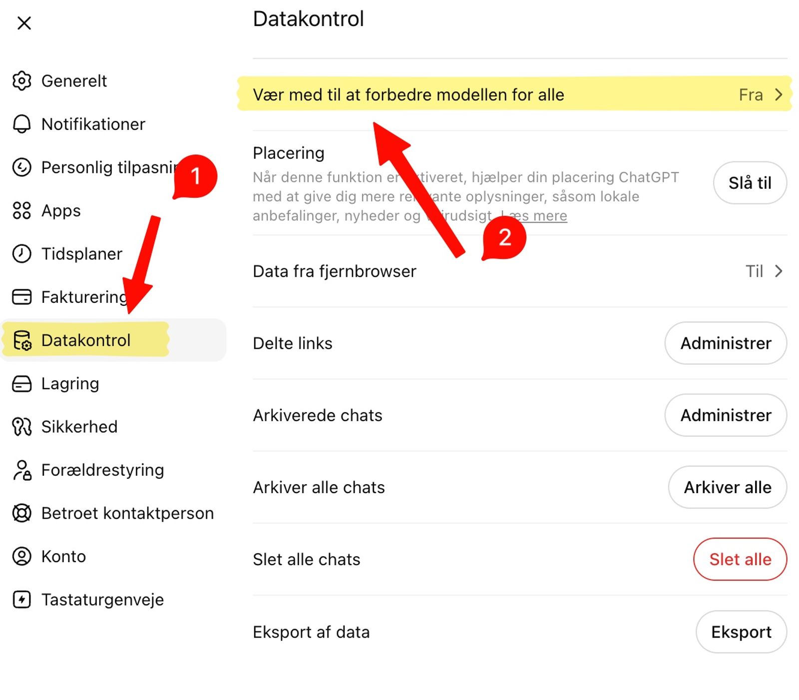 ChatGPT Datakontrol-skærm med pile mod Datakontrol og Vær med til at forbedre modellen for alle
