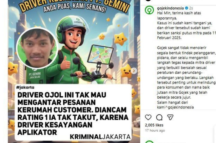 Driver Ojol Diduga Tolak Antar Pesanan ke Rumah, Gojek Sampaikan Klarifikasi Resmi
