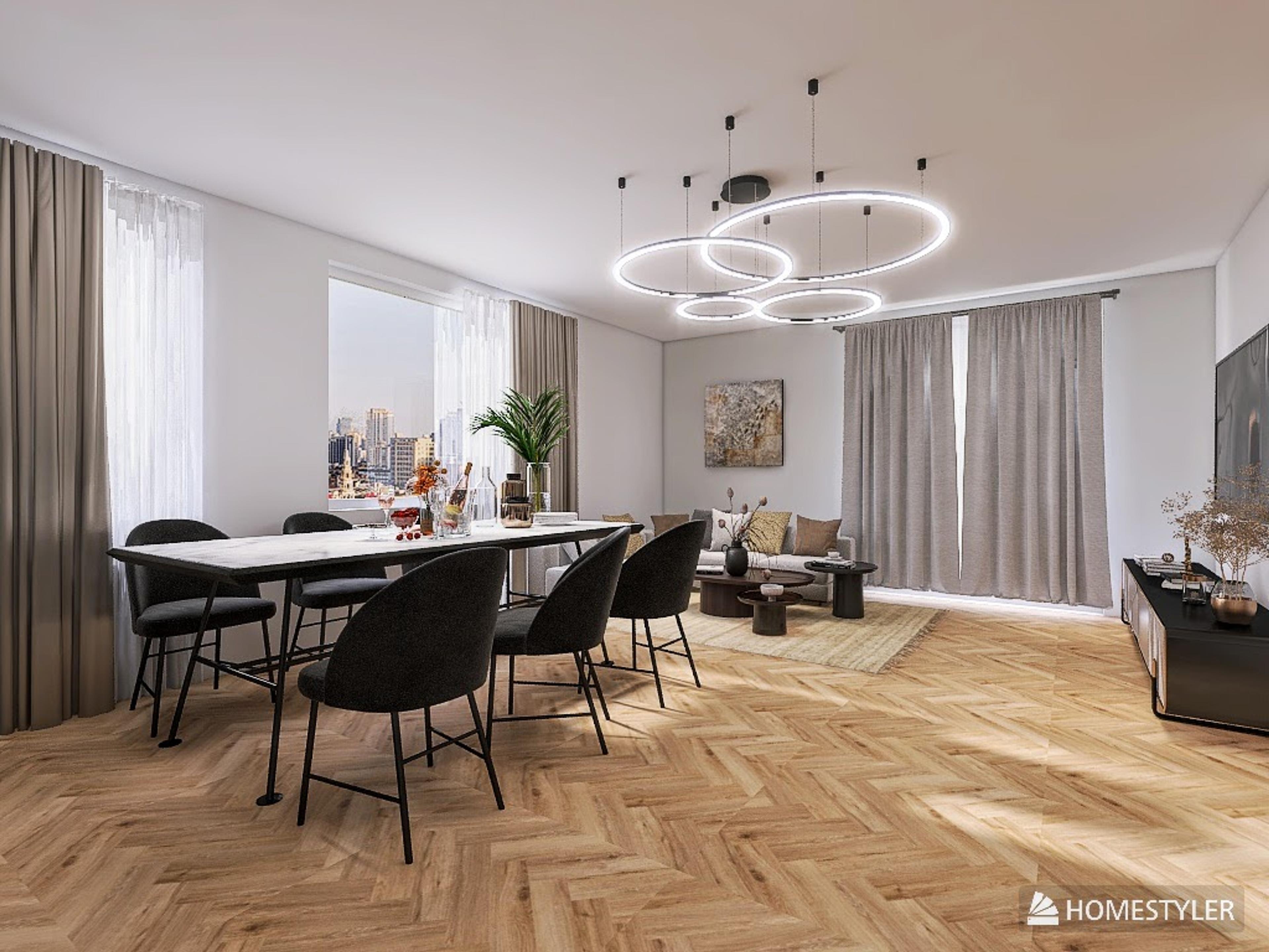 Salon élégant avec salle à manger dans un appartement moderne – grande table en marbre, chaises rembourrées noires et éclairage de designer au plafond. Zone de détente spacieuse avec canapé, tables de café et télévision. Sol en bois en chevron et grandes fenêtres avec vue sur la ville.