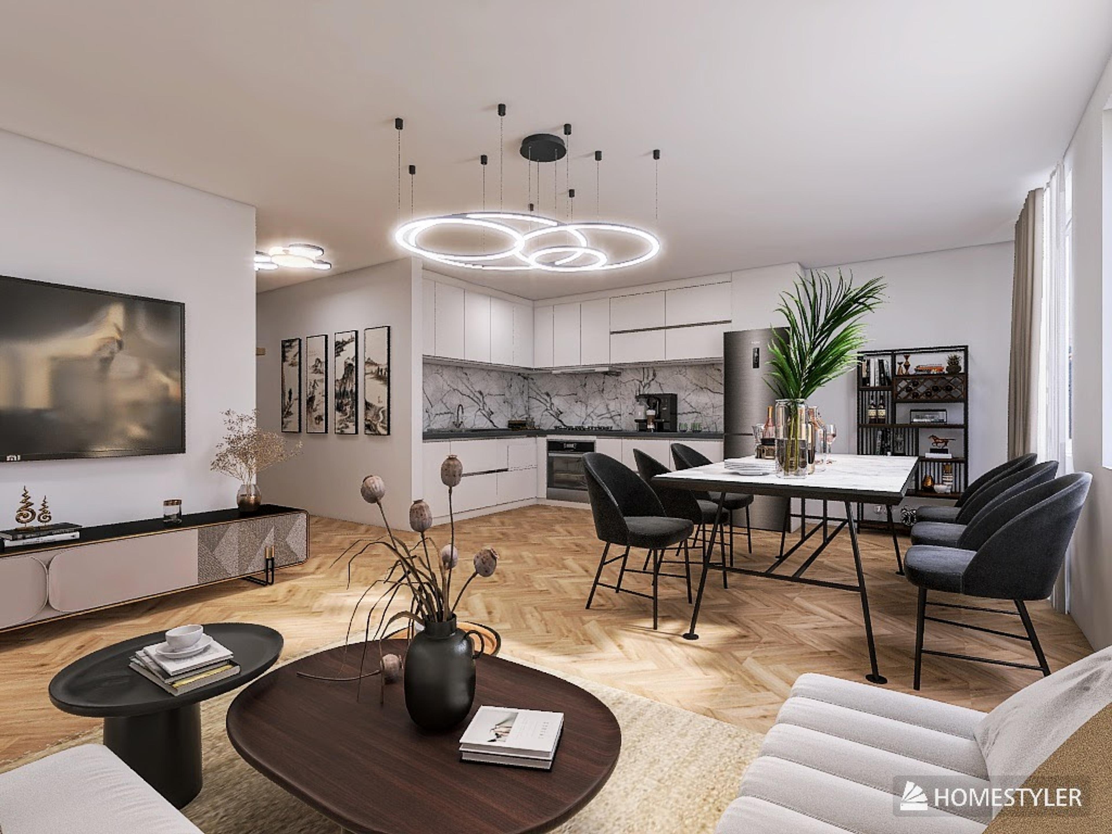 Salon moderne avec kitchenette – salle à manger élégante avec table en marbre, éclairage de designer au plafond et espace détente spacieux avec télévision. Sol en bois en chevron et cuisine minimaliste avec façade blanche.