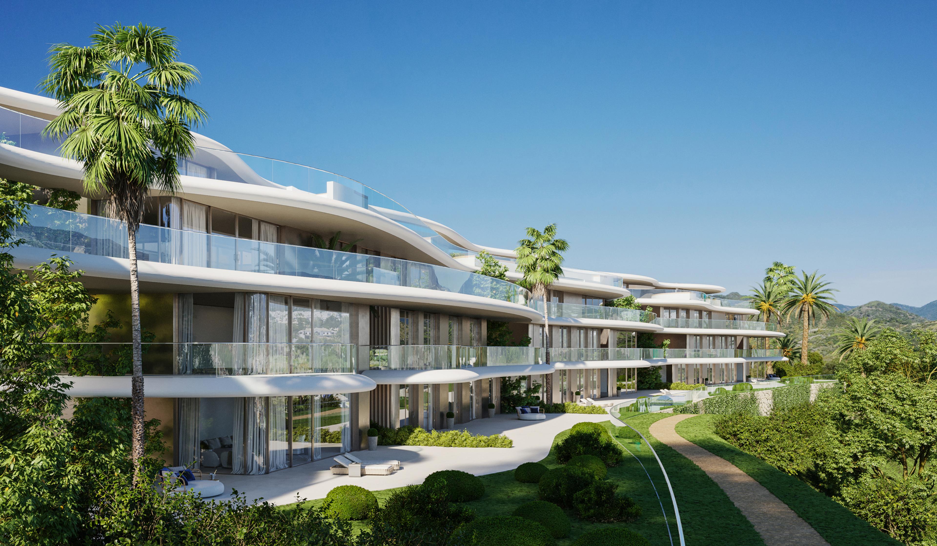 Moderna lägenheter till salu i Marbella, Spanien. Lyxigt bostadskomplex på Costa del Sol med panoramaterrasser, stora glaspartier och en omgivning full av grönska. Premiuminvestering i exklusiva fastigheter i Spanien.