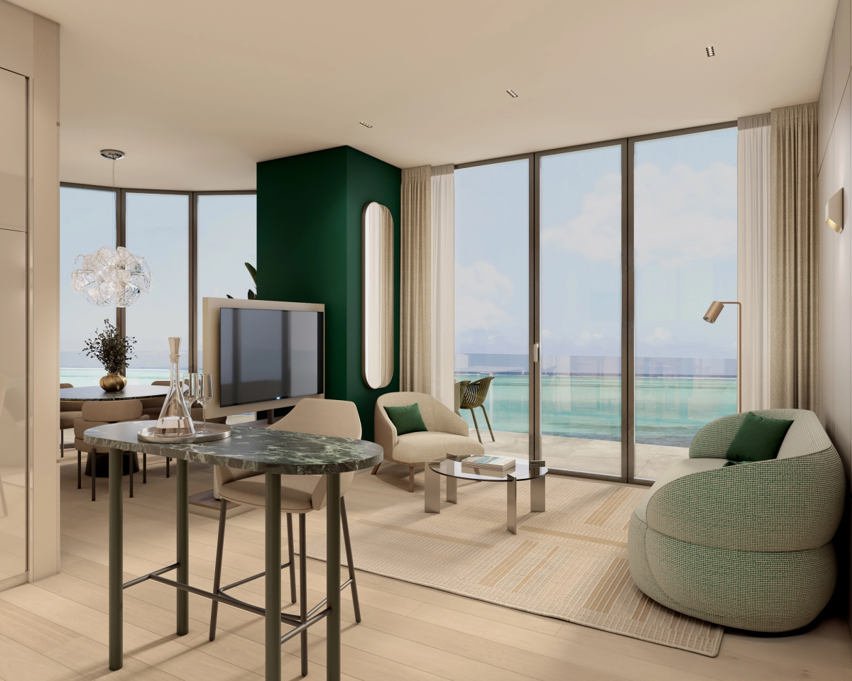 Interiorul unui apartament de lux din Batumi cu vedere la Marea Neagră - living modern cu ferestre panoramice, prima linie de coastă, finisaje la cheie, prețuri de la 95.000 USD