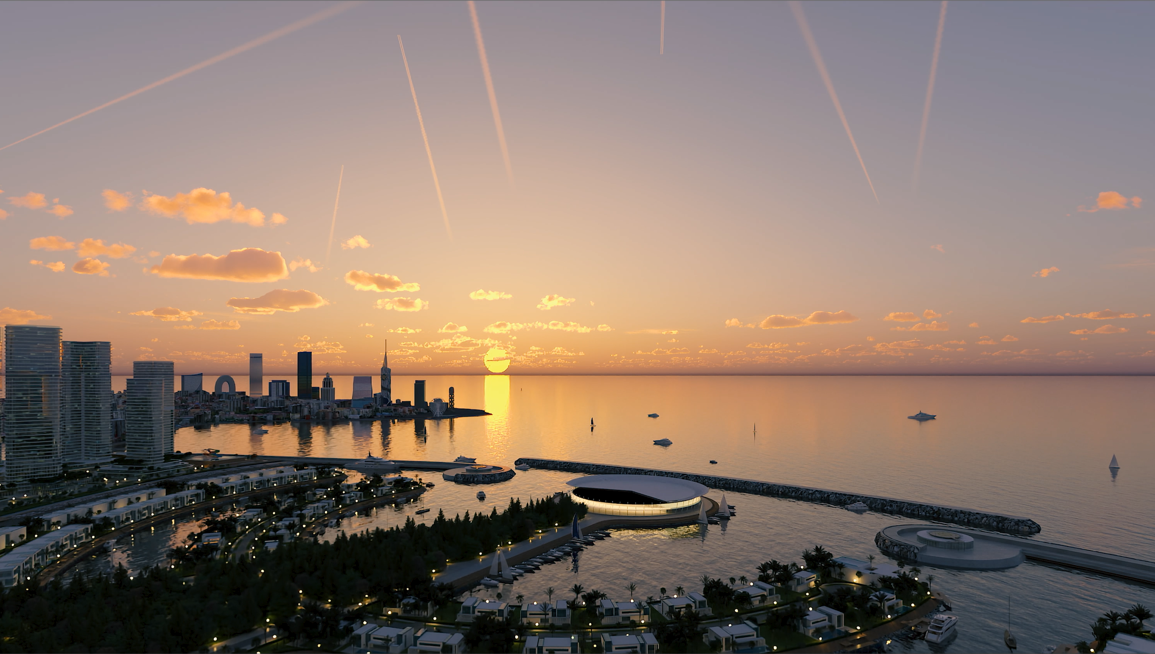 Захід сонця над Ambassadori Island Batumi – розкішна інвестиція first line з маріною та апартаментами на Чорному морі, панорама міста Батумі та вигляд на море.