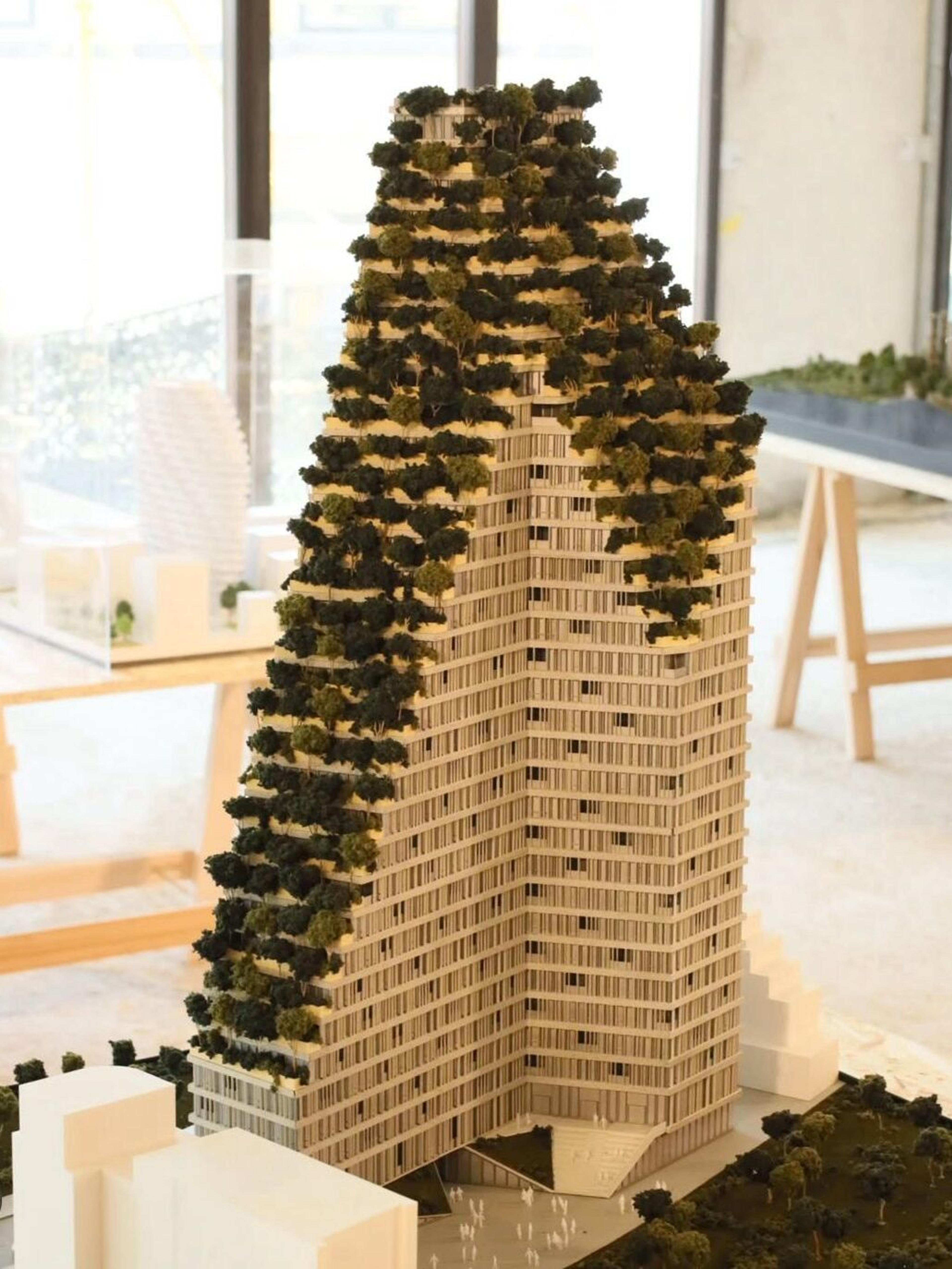Arranha-céu ecológico em Tirana - maquete de moderno complexo de apartamentos com terraços verdes e apartamentos premium