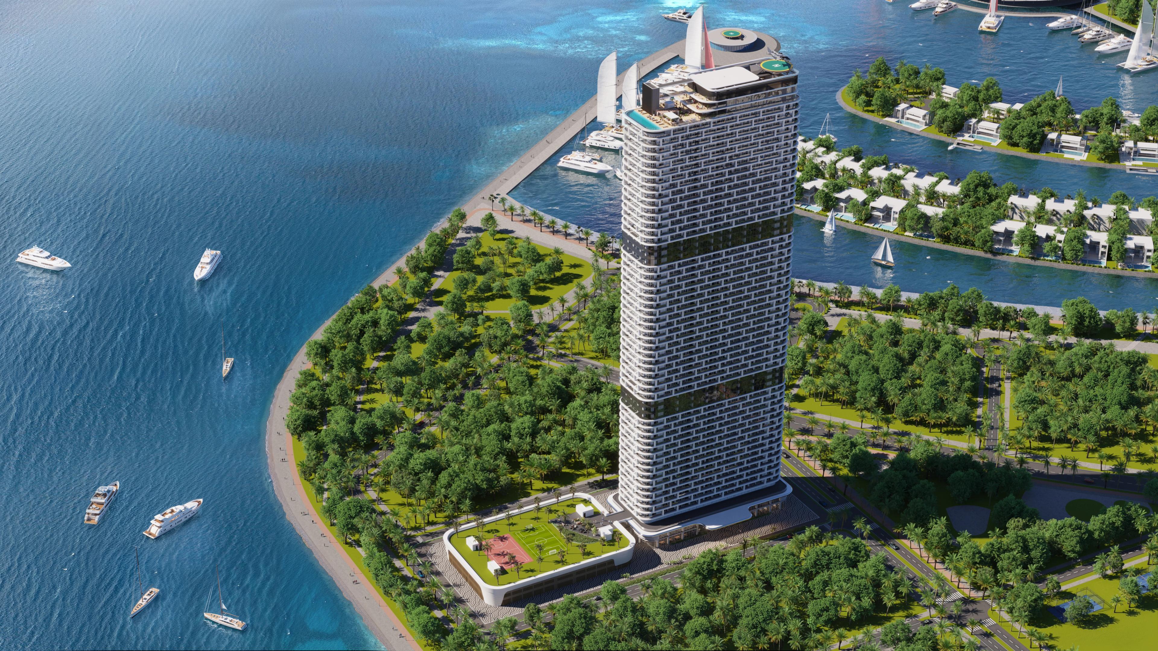 „Перша вежа Ambassadori Island Batumi – розкішний житловий комплекс першої лінії з видом на море, яхтова марина та вілли на воді, ексклюзивна інвестиція в Батумі.