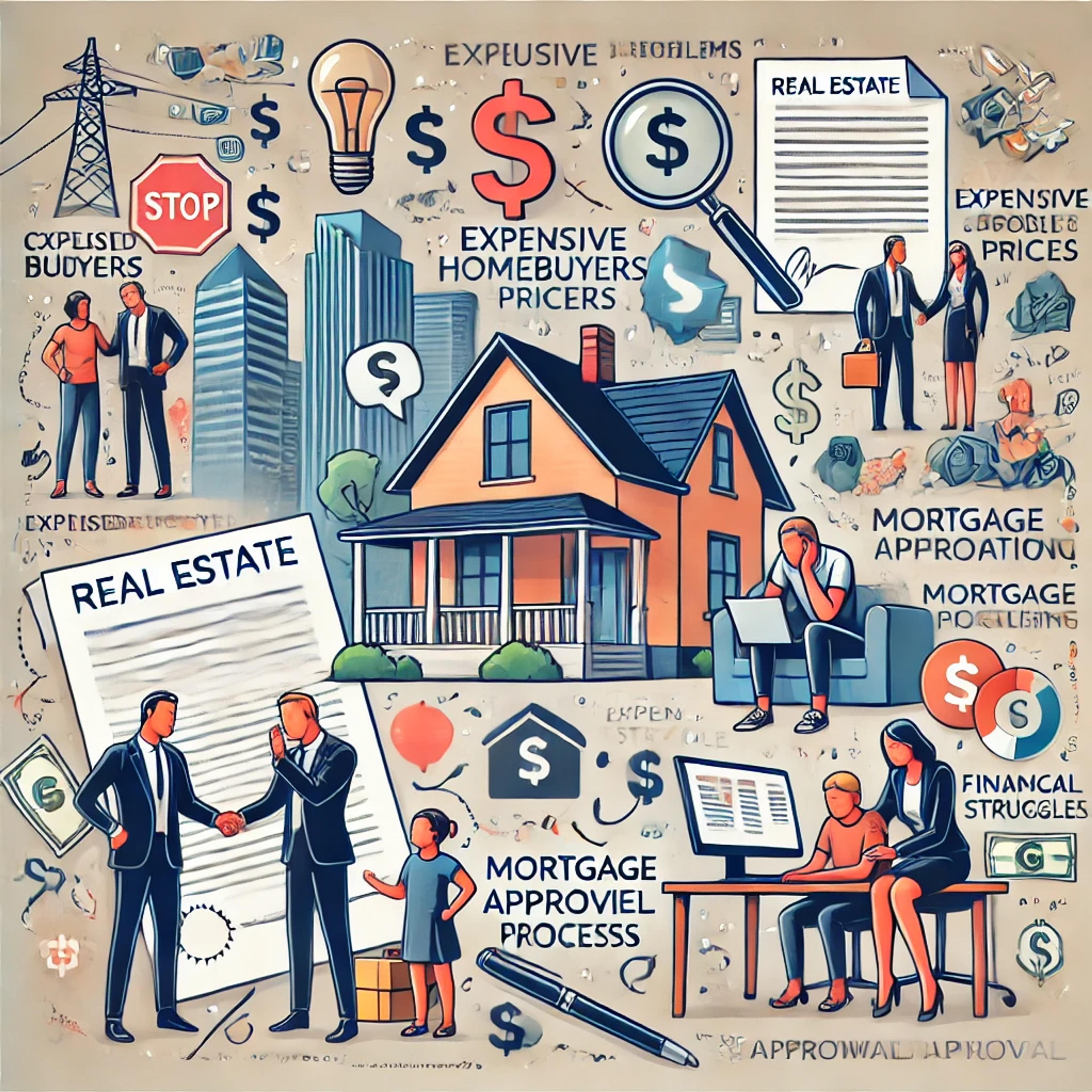 Problèmes et défis sur le marché immobilier - prix élevés des appartements, difficultés pour obtenir un crédit hypothécaire et processus d'approbation de financement complexe. Illustration montrant des négociations pour l'achat d'une maison, le stress lié aux finances et les défis pour les acheteurs.