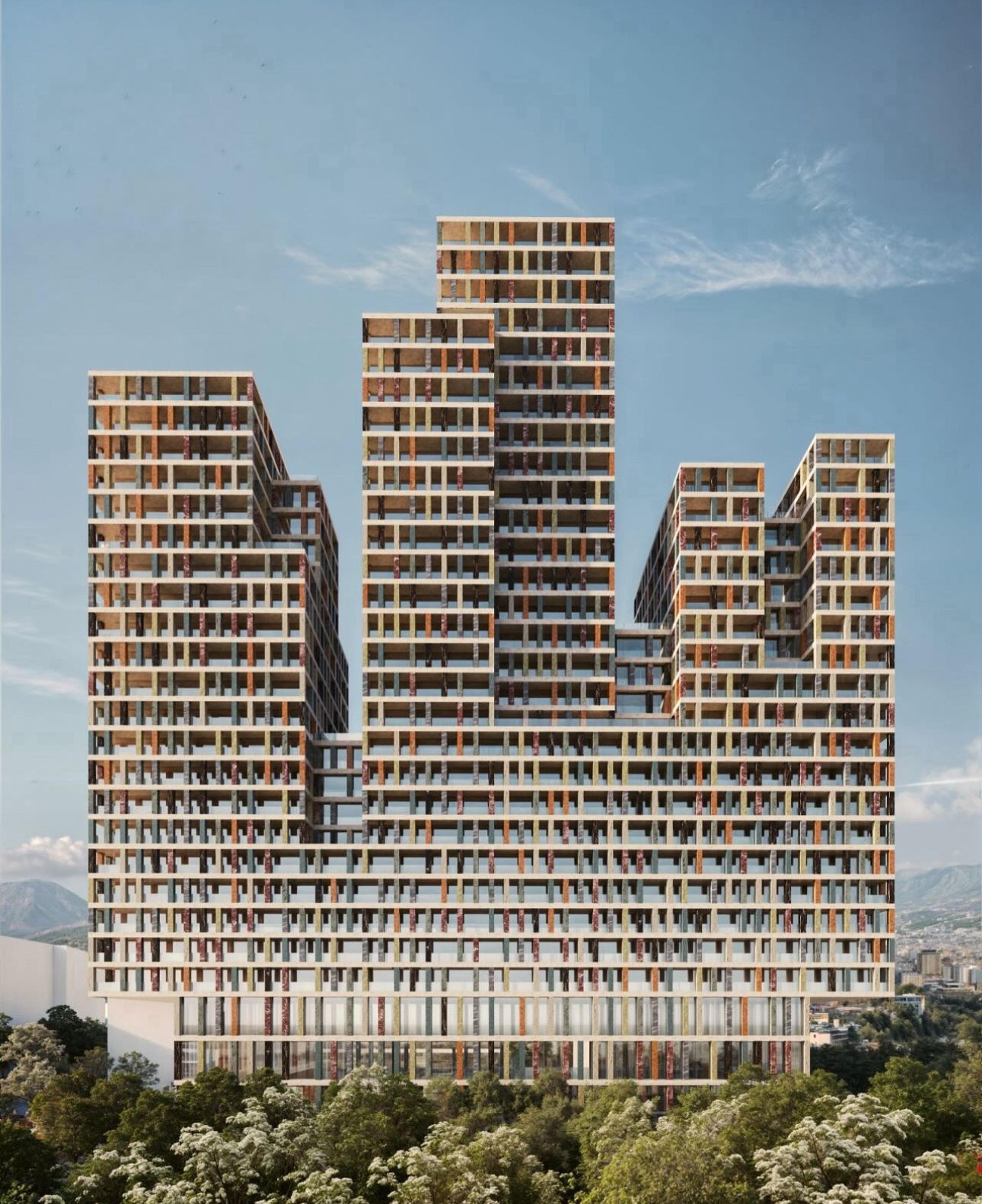 Complexo residencial moderno em Tirana - apartamentos com varandas coloridas e vista para as montanhas, Albânia 2025
