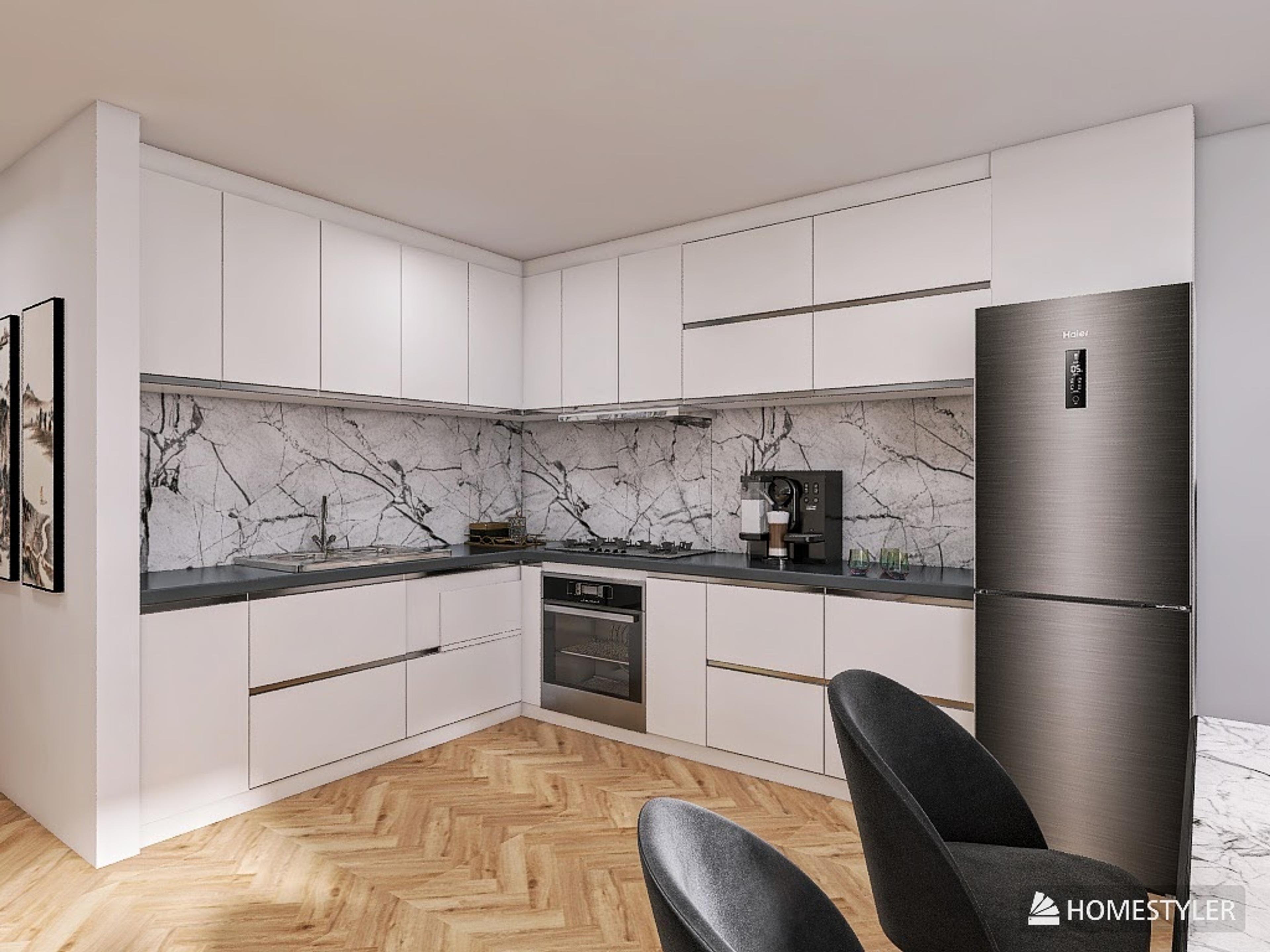 Cuisine moderne dans un appartement élégant – armoires blanches minimalistes, plan de travail en marbre et mur avec effet de pierre naturelle. Four intégré, plaque de cuisson gaz et machine à café design. Intérieur stylé avec sol en bois en chevron.