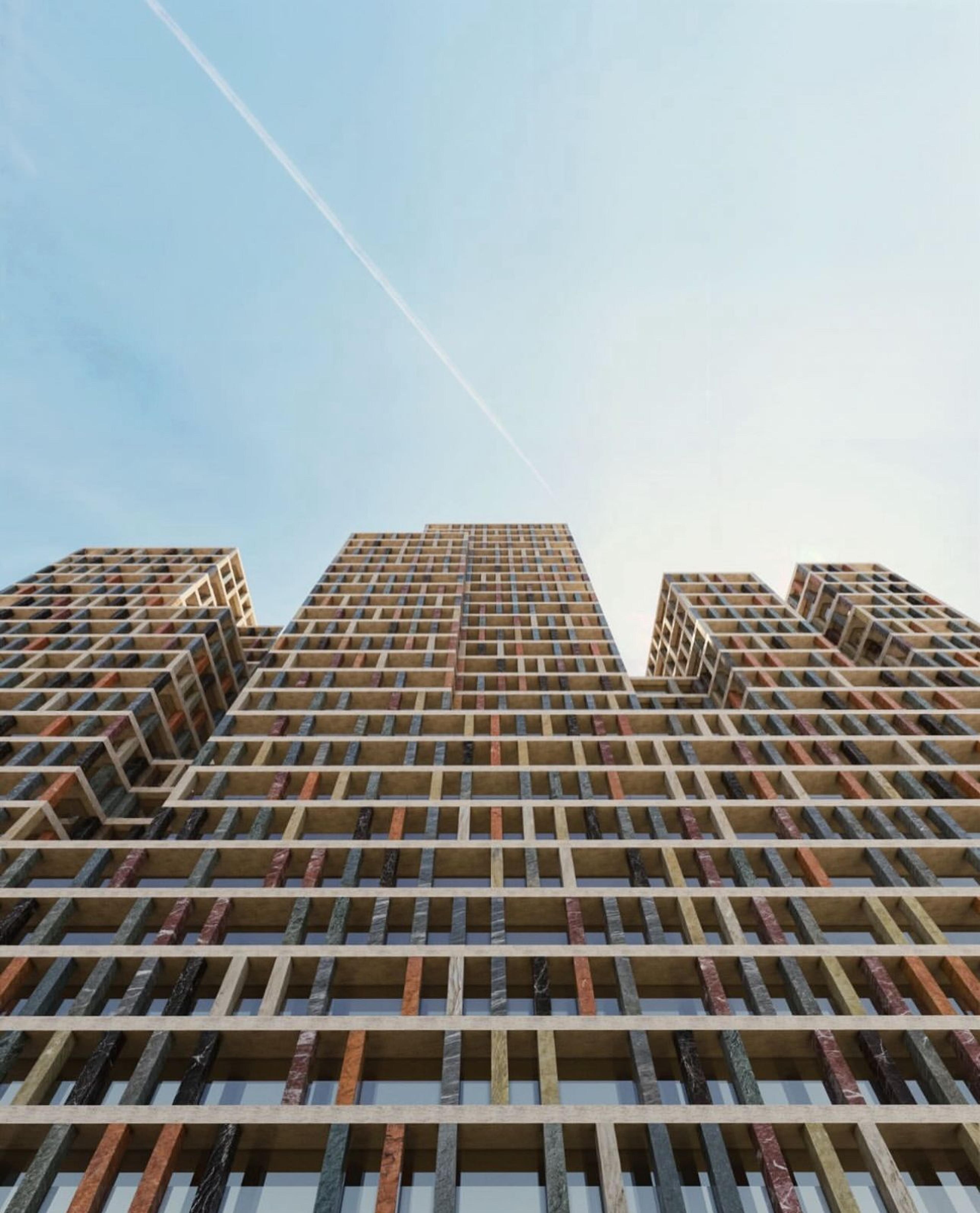 Arranha-céus modernos em Tirana - apartamentos em torres com fachada de pedra colorida, apartamentos premium Albânia