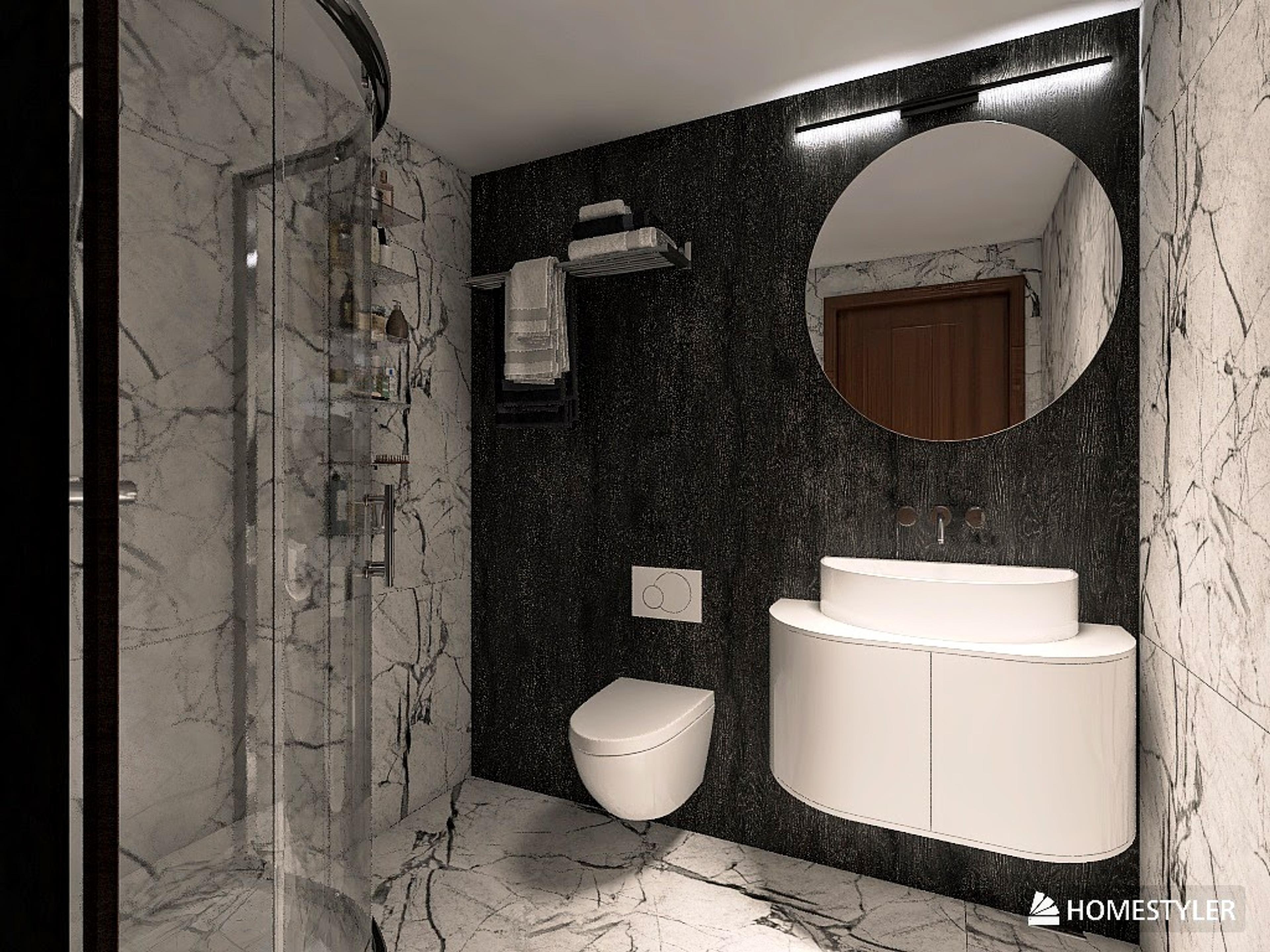 Salle de bain élégante dans un style moderne – murs en marbre, accents noirs et lavabo suspendu design. Miroir rond avec éclairage LED, cabine de douche en verre et robinetterie minimaliste donnent un caractère luxueux à l'intérieur.