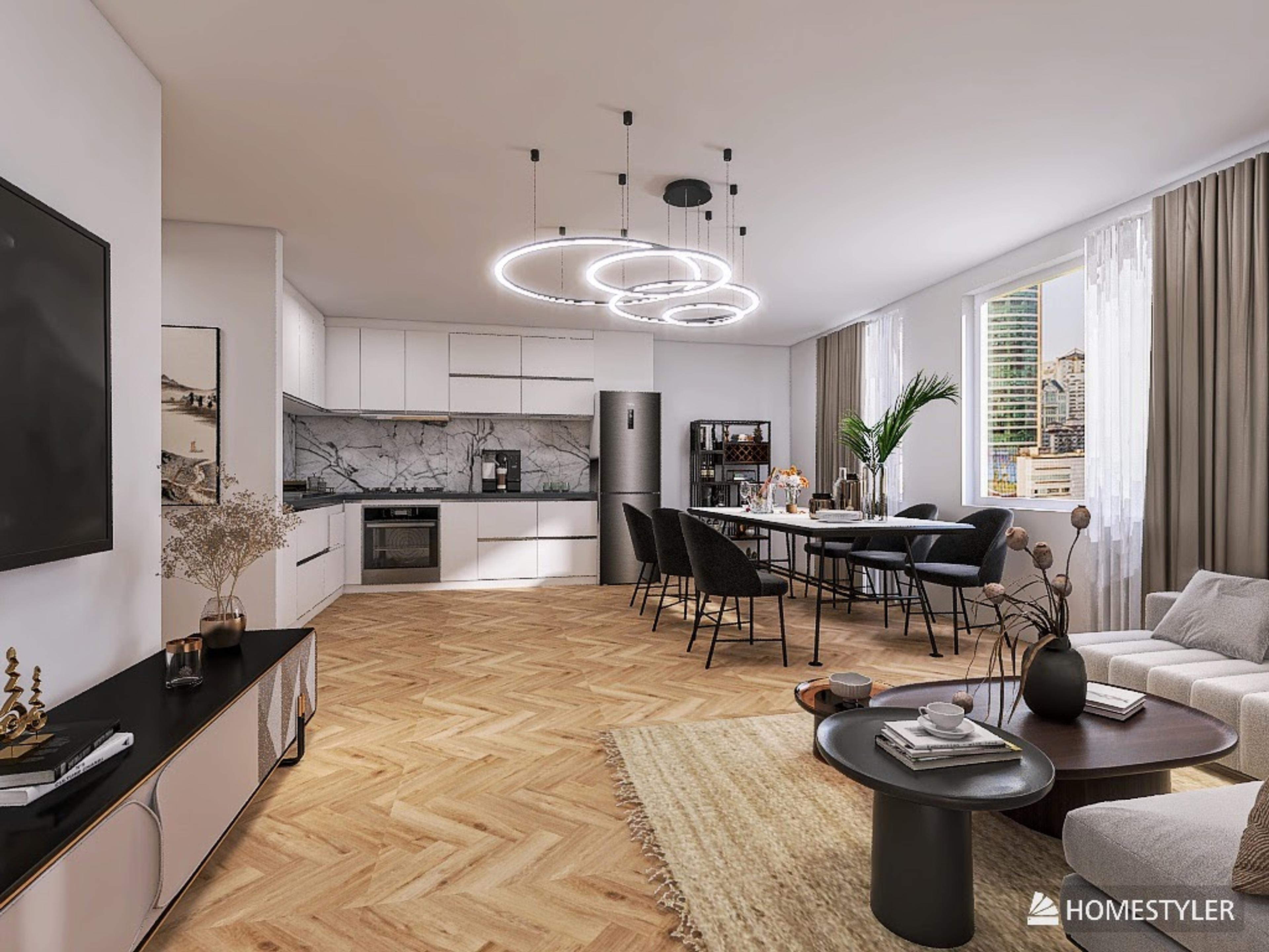 Salon spacieux avec kitchenette dans un appartement moderne – cuisine blanche élégante avec plan de travail en marbre, grande table à manger avec chaises noires et espace détente stylé avec télévision. Sol en bois en chevron et éclairage de designer au plafond donnent un caractère luxueux intérieur.
