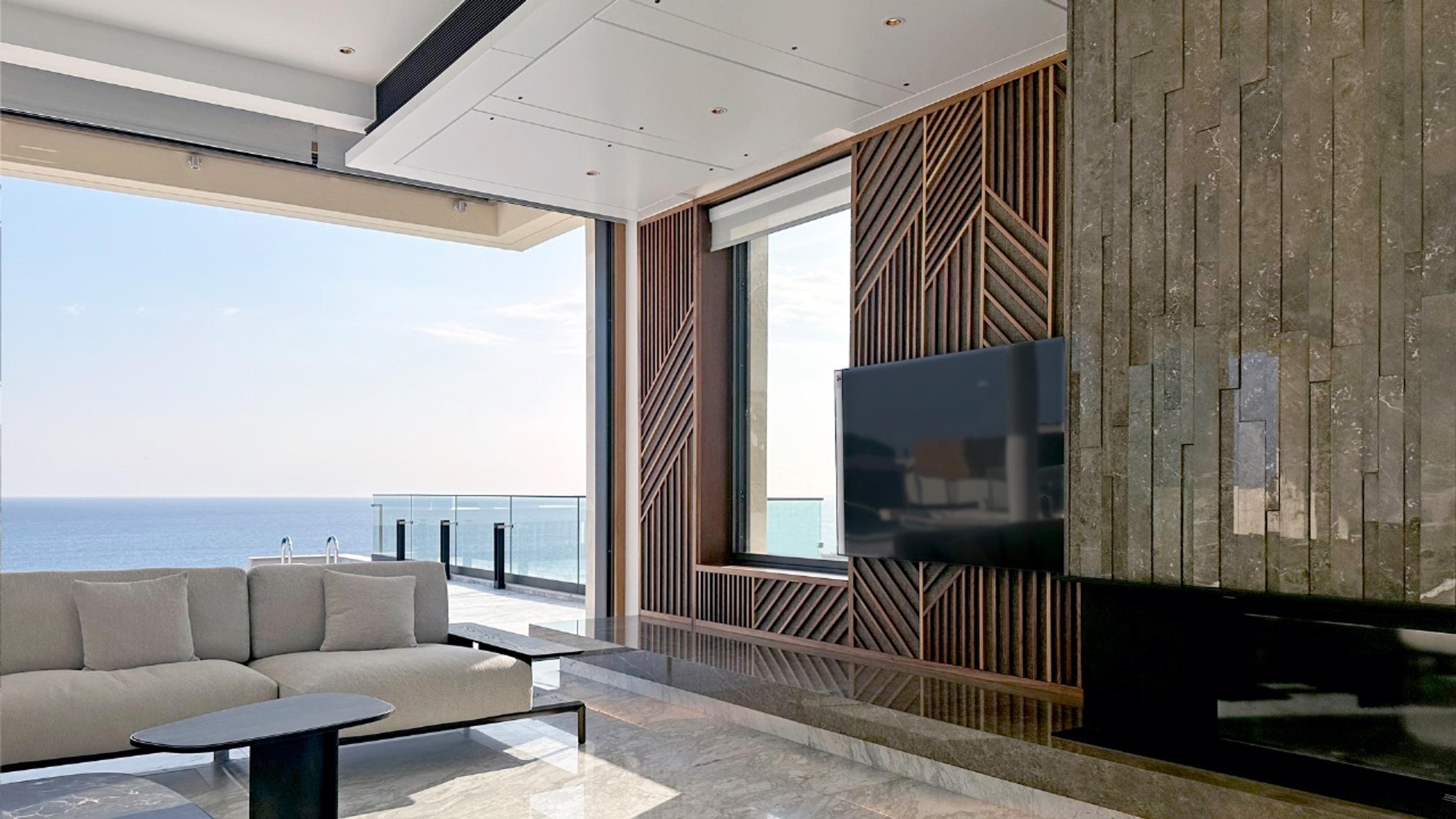 Luxury living room with sea view for sale – beachfront apartment, Cyprus 2025