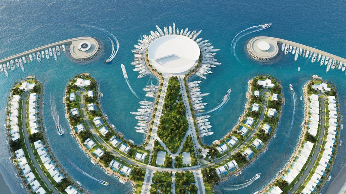 Ambassadori Island Batumi – vedere panoramică asupra vilor de lux cu piscine, port de iahturi și insulă artificială pe Marea Neagră, investiție exclusivă first line în Batumi.