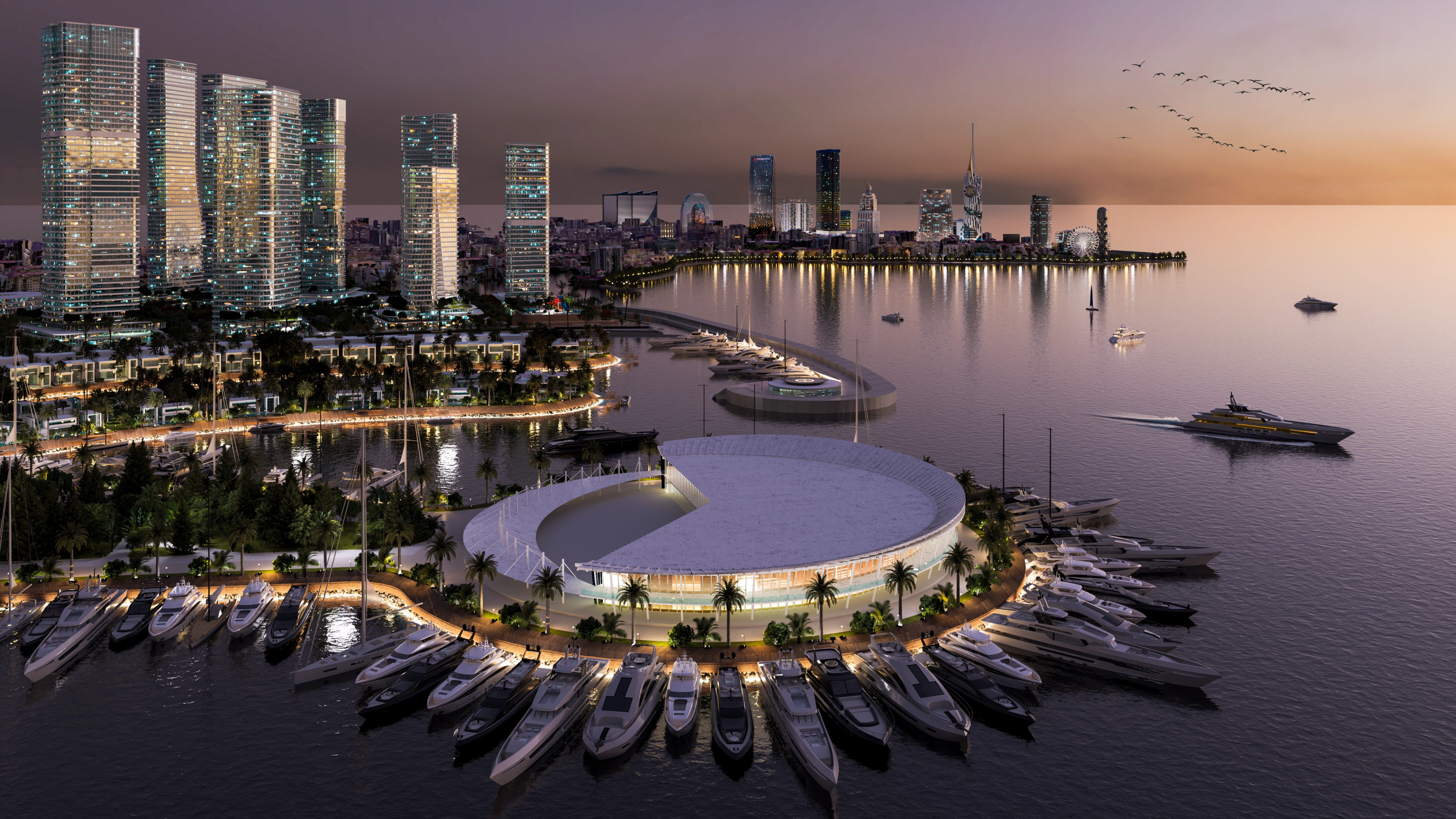 Ambassadori Island Batumi вночі – розкішна інвестиція first line з мариною, апартаментами і яхтами над Чорним морем, ексклюзивні нерухомості на продаж у Батумі.