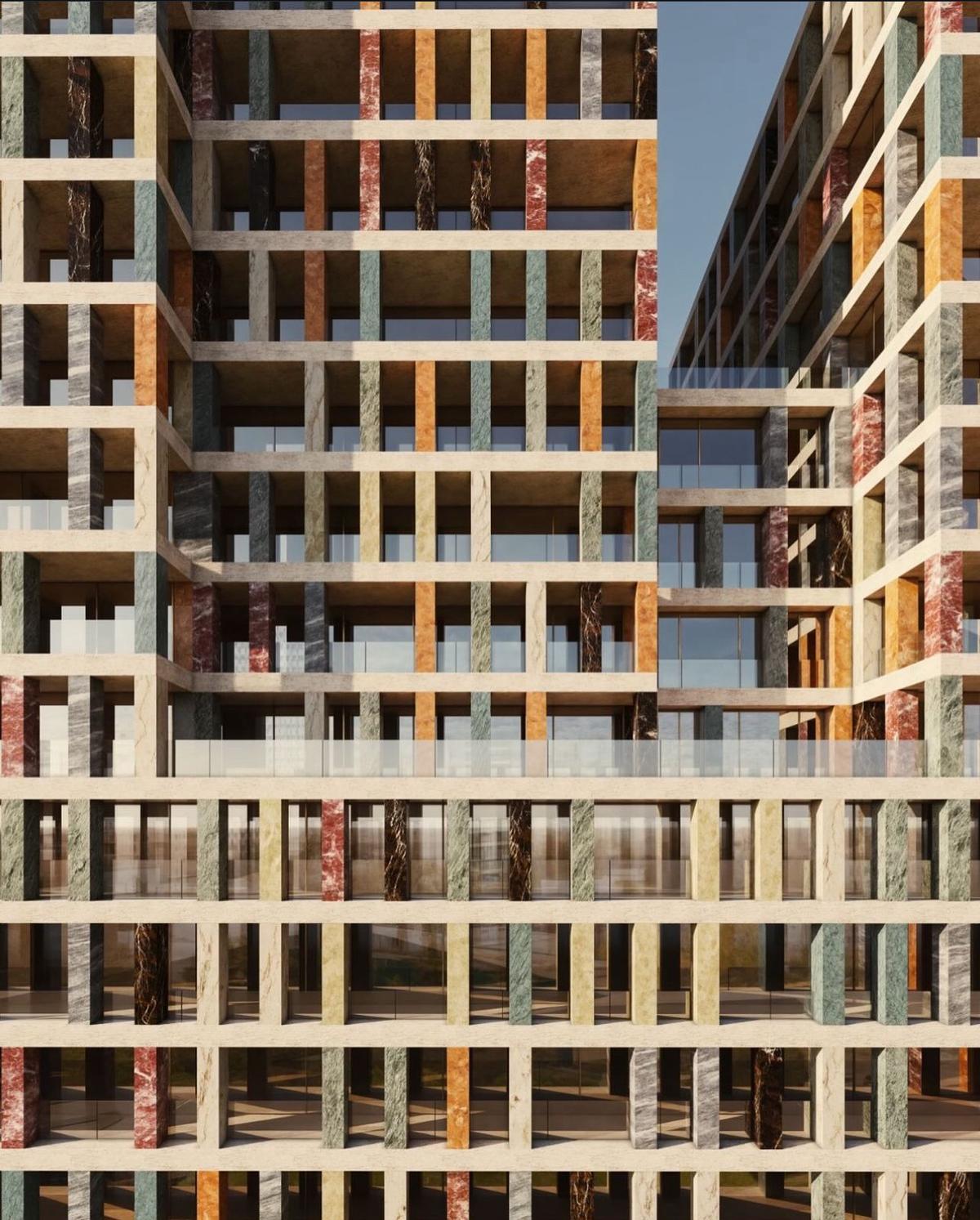 Condominio di lusso Tirana - appartamenti premium con facciata in marmo e grandi finestre, immobili Albania 2025