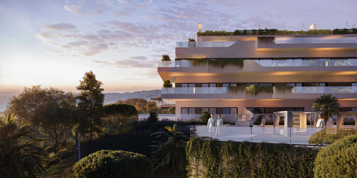 Moderní luxusní apartmán v Marbelle, Španělsko, obklopený zelení a s panoramatickým výhledem na Costa del Sol. Exkluzivní prémiové nemovitosti s prostornými terasami a moderním designem, ideální pro investory a ty, kteří hledají prestižní apartmán ve Španělsku.
