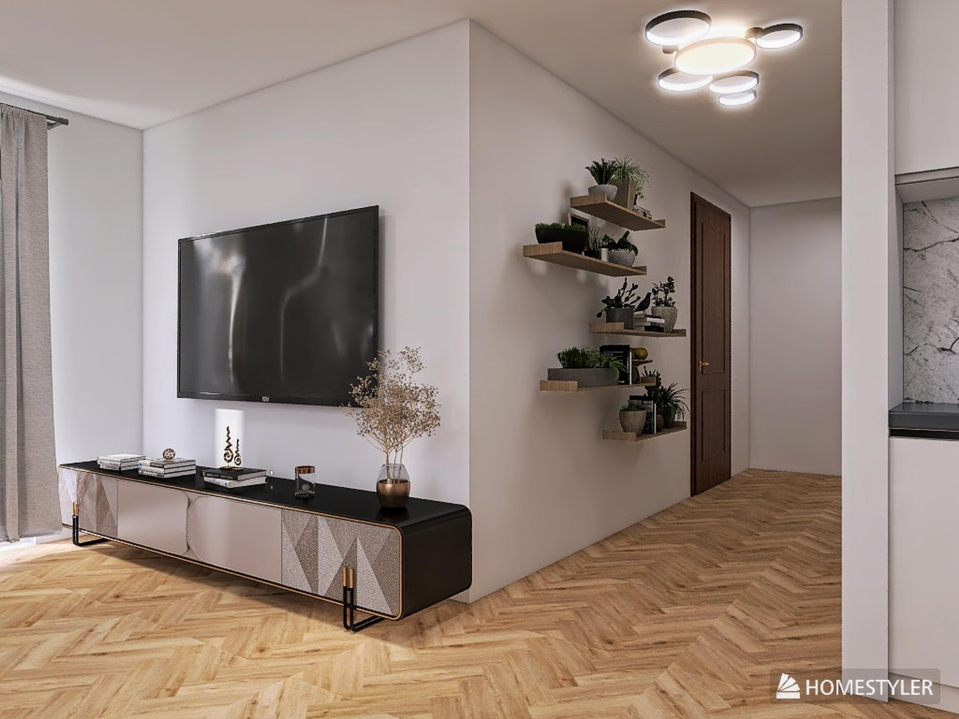 Salon moderne dans un appartement élégant – grande télévision murale, meuble TV design et sol en bois en chevron. Étagères suspendues avec plantes ajoutent une touche naturelle, et un éclairage impressionnant souligne le style intérieur.
