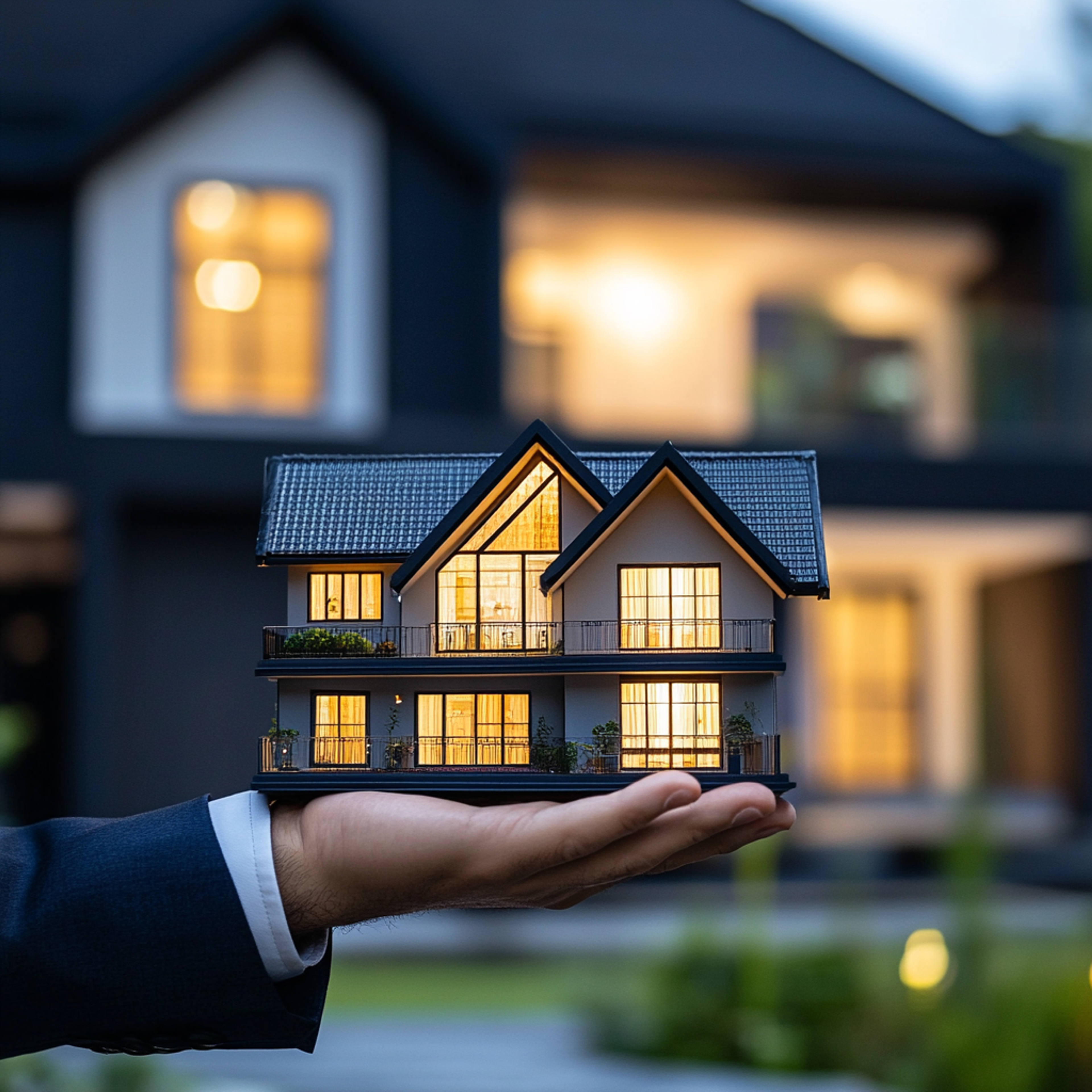Négociations sur le marché immobilier – illustration montrant une poignée de main symbolisant la conclusion d'une vente-achat de maison. Contrats, pourcentages et symboles financiers reflètent les aspects clés des crédits hypothécaires, des taux d'intérêt et des transactions immobilières.