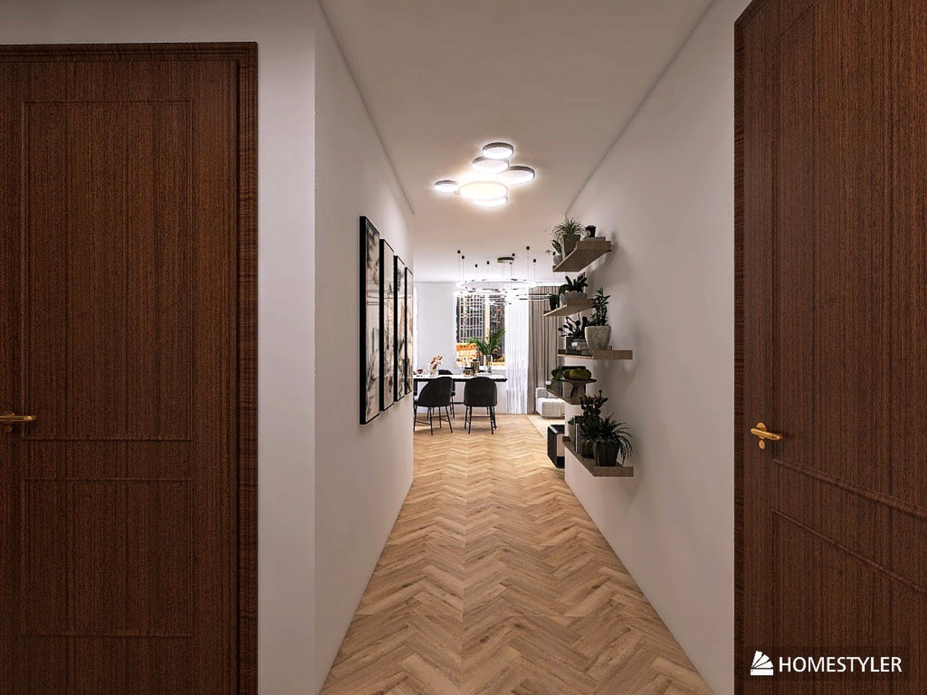 Couloir stylé dans un appartement moderne – portes en bois, sol en chevron et éclairage de designer au plafond. Étagères suspendues avec plantes et tableaux décoratifs rendent l'intérieur élégant. Vue sur une salle à manger éclairée avec un éclairage moderne.
