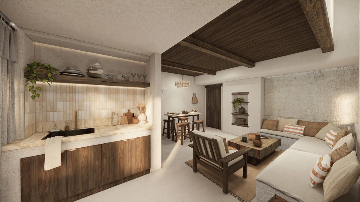 Modern Zanzibar villa living room and kitchen with natural wood finishes and open-plan layout