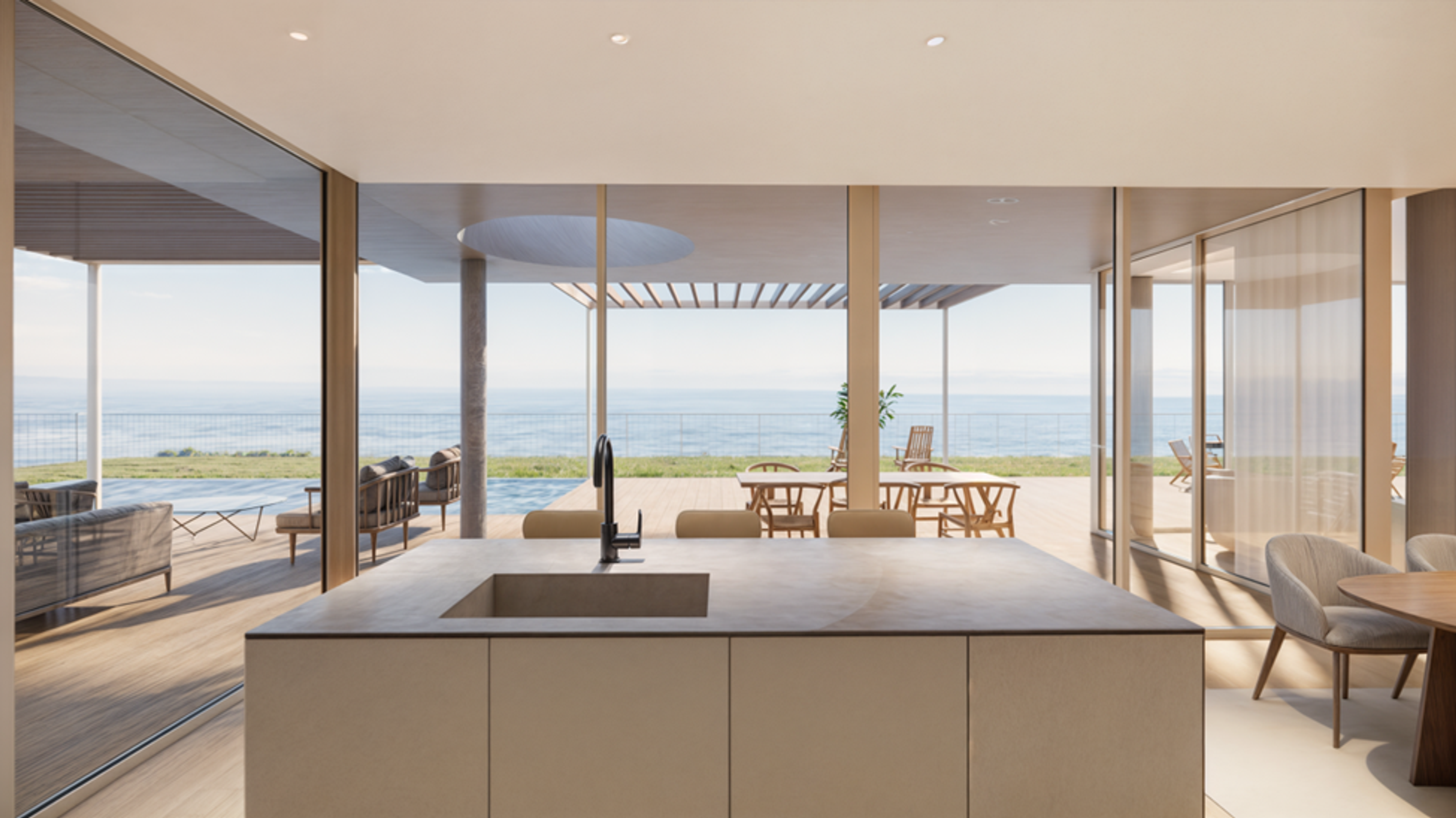 Moderne kjøkken i luksusvilla på Madeira med panoramautsikt over havet. Romslige interiører, minimalistisk design og store vinduer som gir naturlig lys. Eksklusiv eiendom til salgs – ideell investering i premium eiendomsmarkedet eller komfortabel helårsbolig.