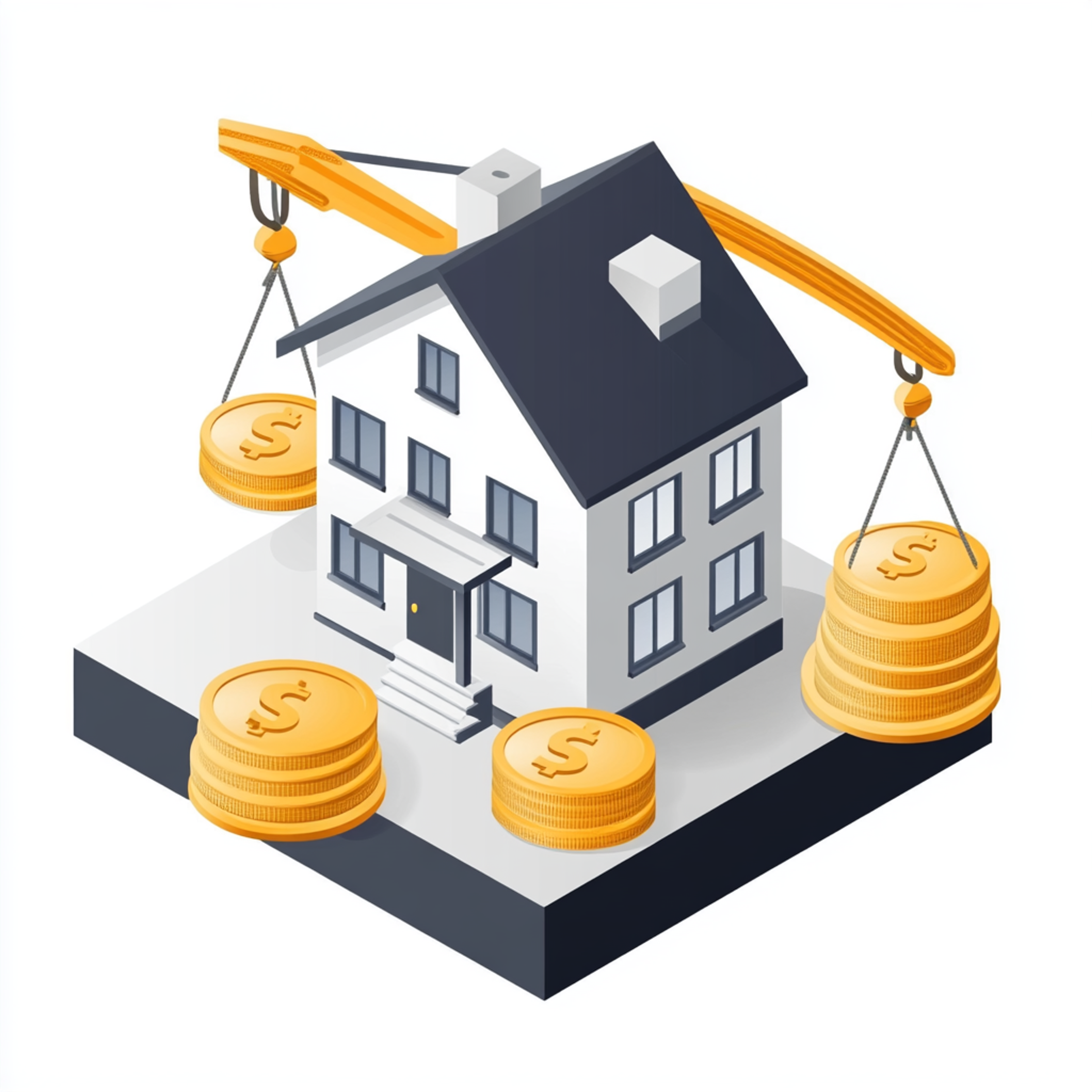 Estimation de la valeur d'un bien immobilier - illustration montrant une maison sur une balance avec des pièces symbolisant les coûts d'achat et d'investissement dans un appartement. Concept d'évaluation immobilière, de crédits hypothécaires et de marché immobilier.