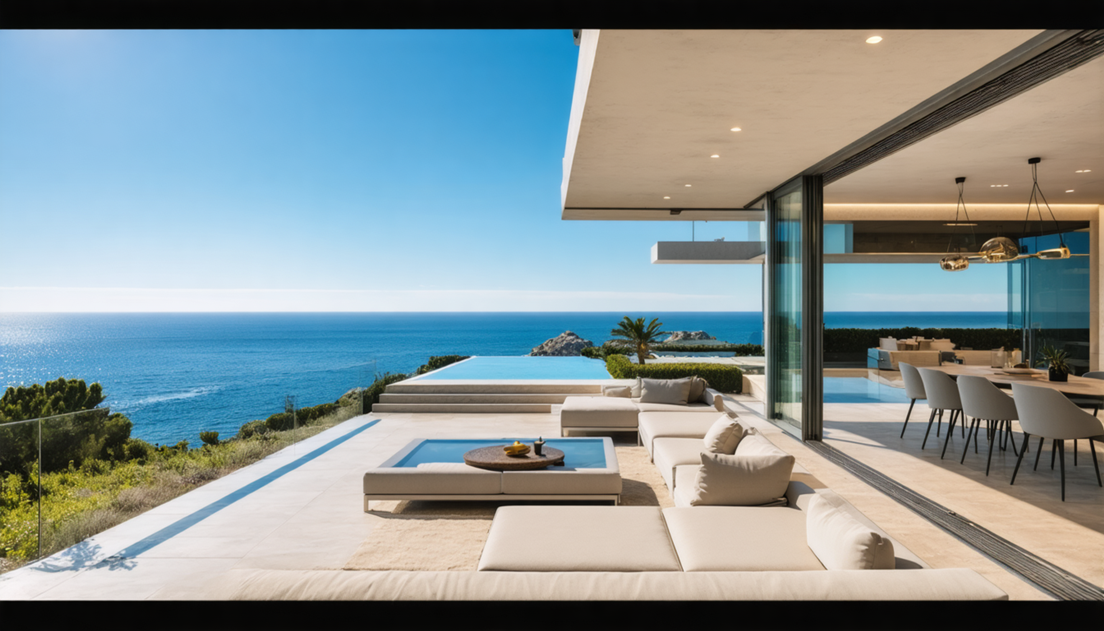 Modern villa in Europe with panoramic sea views. A luxury house with large glass windows, minimalist architecture, and elegant design. The terrace features a private pool, wooden relaxation area, and a green garden. Exclusive property ideal for discerning investors and lovers of prestigious residences.