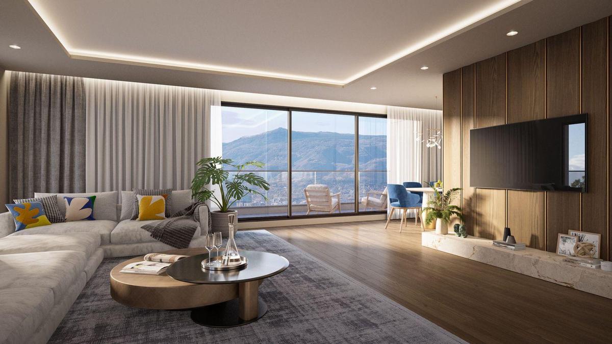 Tilava olohuone uudessa myynnissä olevassa asunnossa Sofiassa, josta on panoraamanäköala Vitosha-vuorille – premium-kiinteistöt Bulgaria.